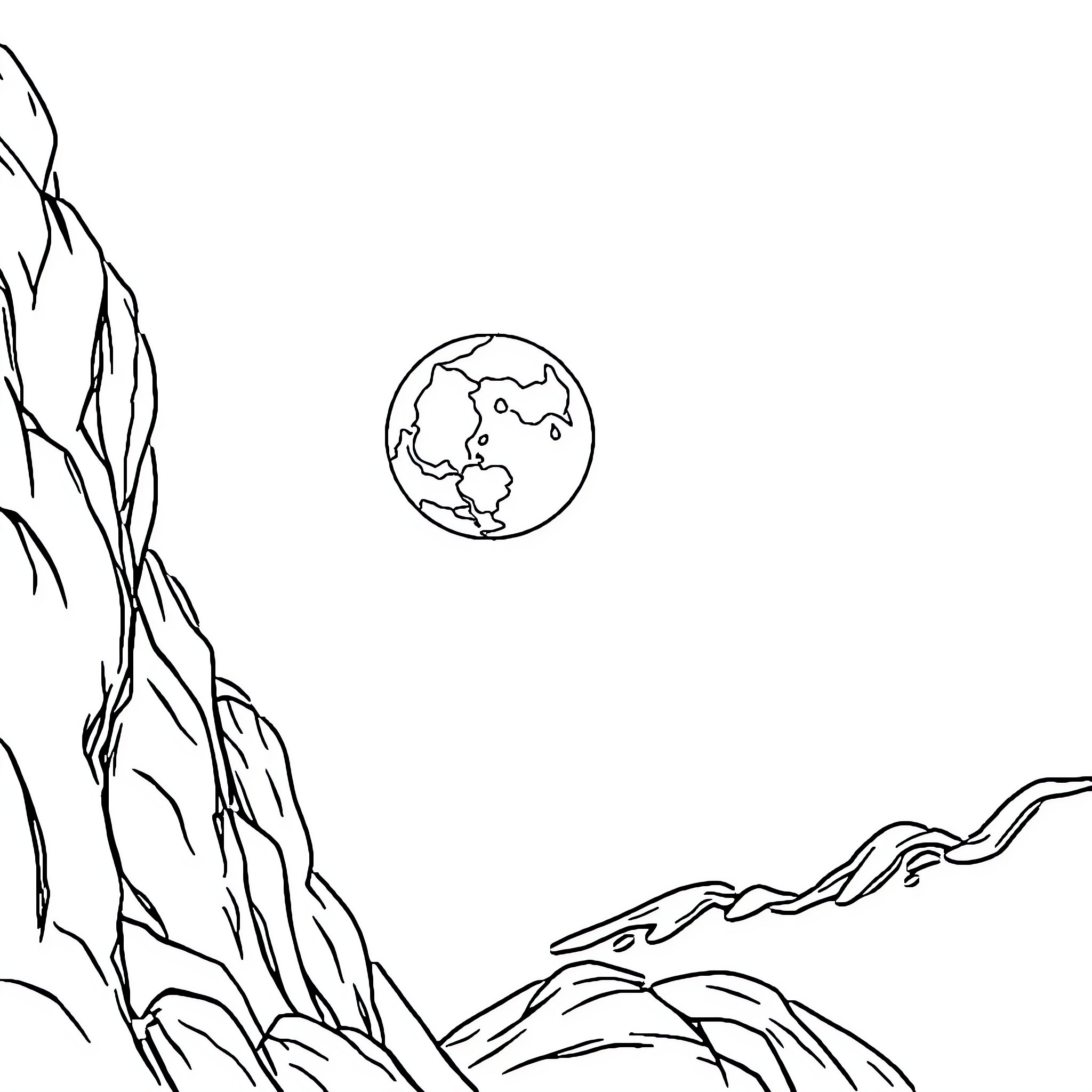 Moon over rugged mountain landscape Coloring Page (free black-and-white line drawing printable PDF for all, from beginners to advanced learners, including children, teens, adults, and seniors)