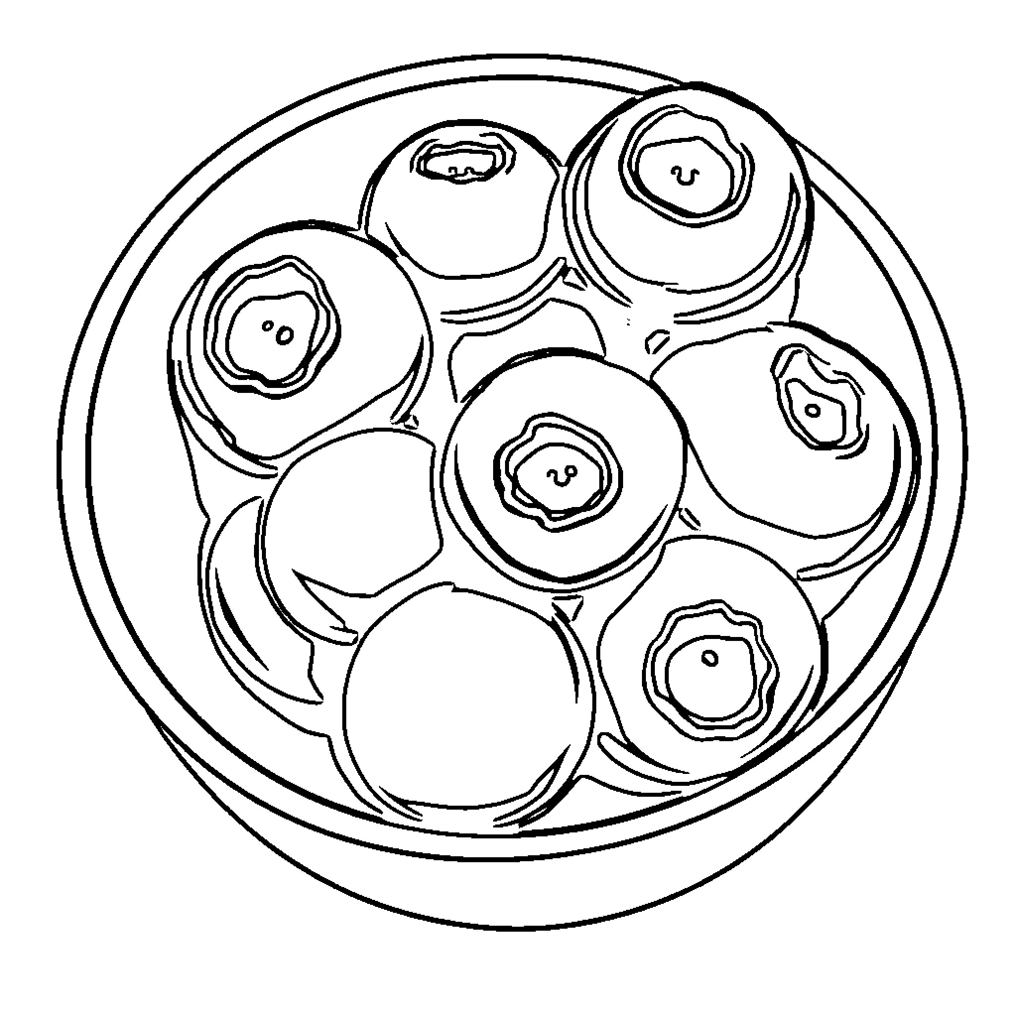 Blueberry pastries in a circular arrangement Coloring Page (free black-and-white line drawing printable PDF for all, from beginners to advanced learners, including children, teens, adults, and seniors)