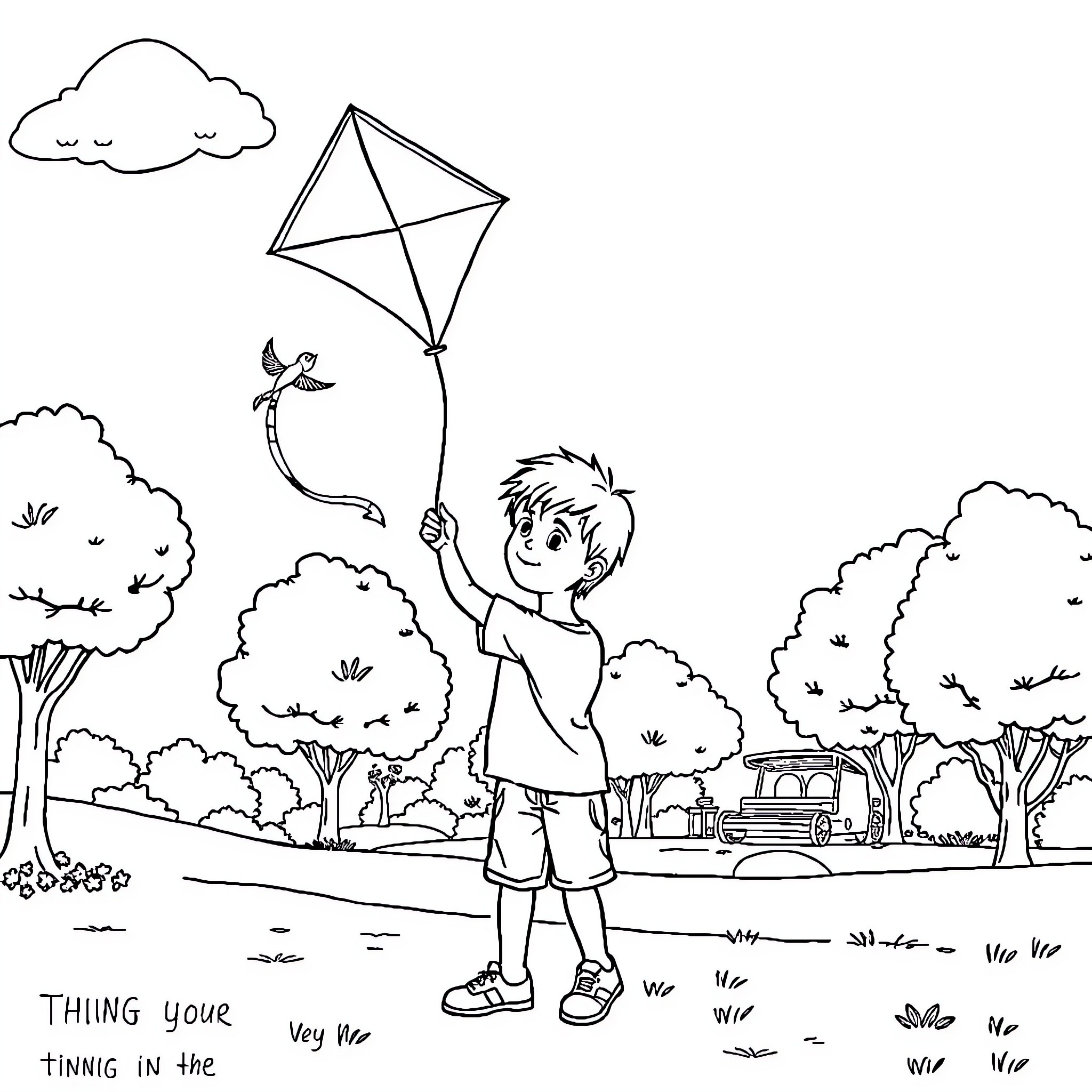 Boy flying kite in the park Coloring Page (free black-and-white line drawing printable PDF for all, from beginners to advanced learners, including children, teens, adults, and seniors)