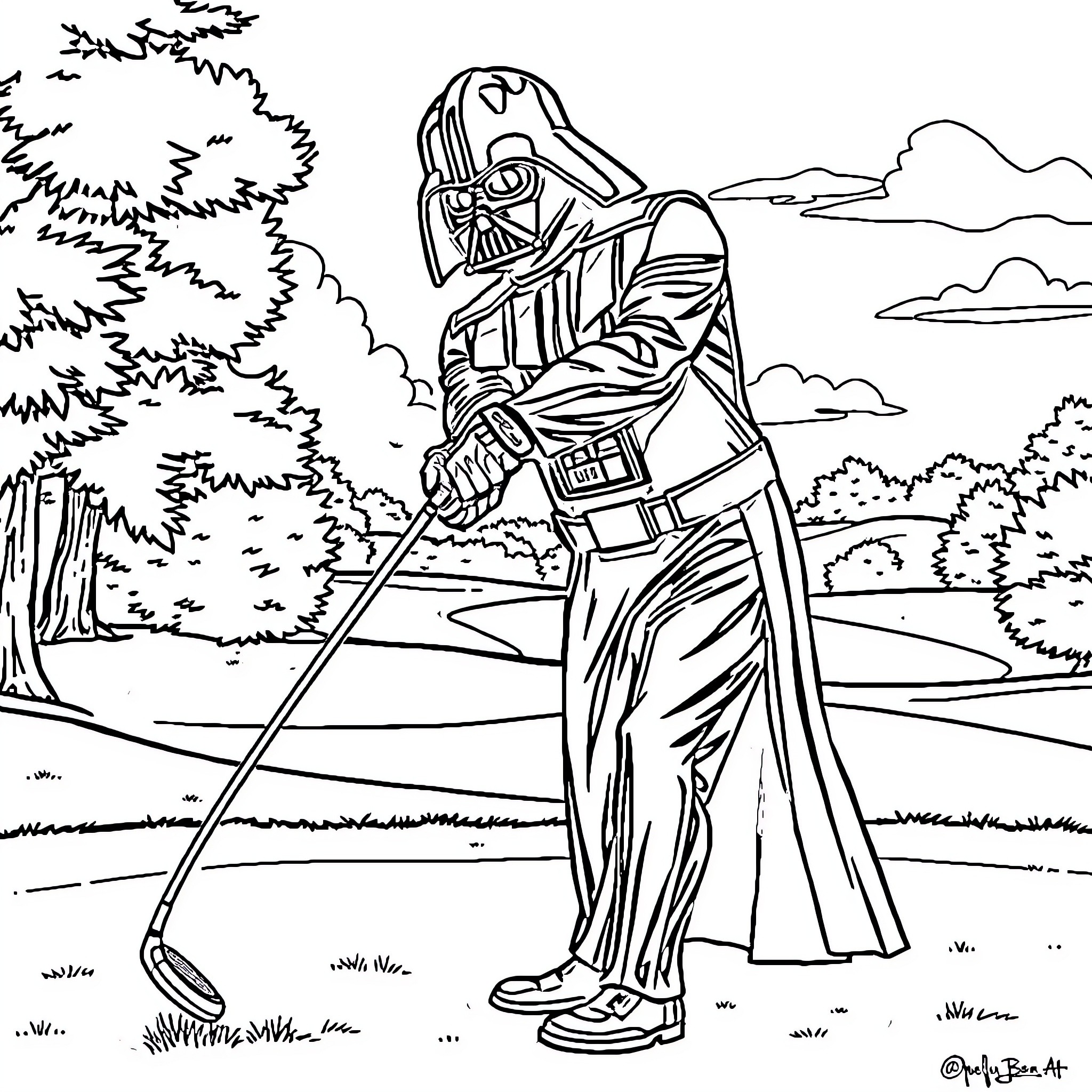 Darth Vader golfing in the peaceful forest Coloring Page (free black-and-white line drawing printable PDF for all, from beginners to advanced learners, including children, teens, adults, and seniors)