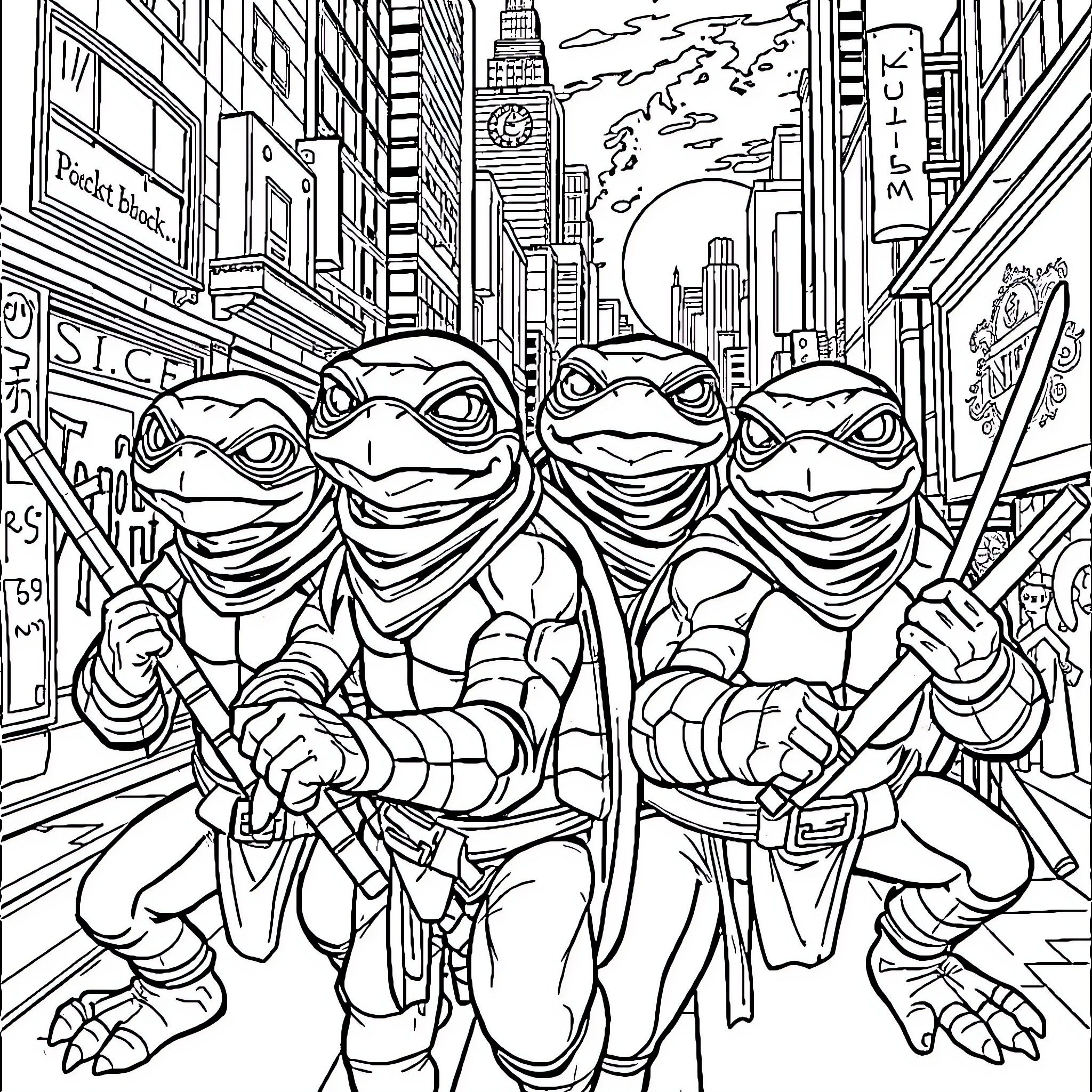 Ninja Turtles adventuring through the city streets Coloring Page (free black-and-white line drawing printable PDF for all, from beginners to advanced learners, including children, teens, adults, and seniors)