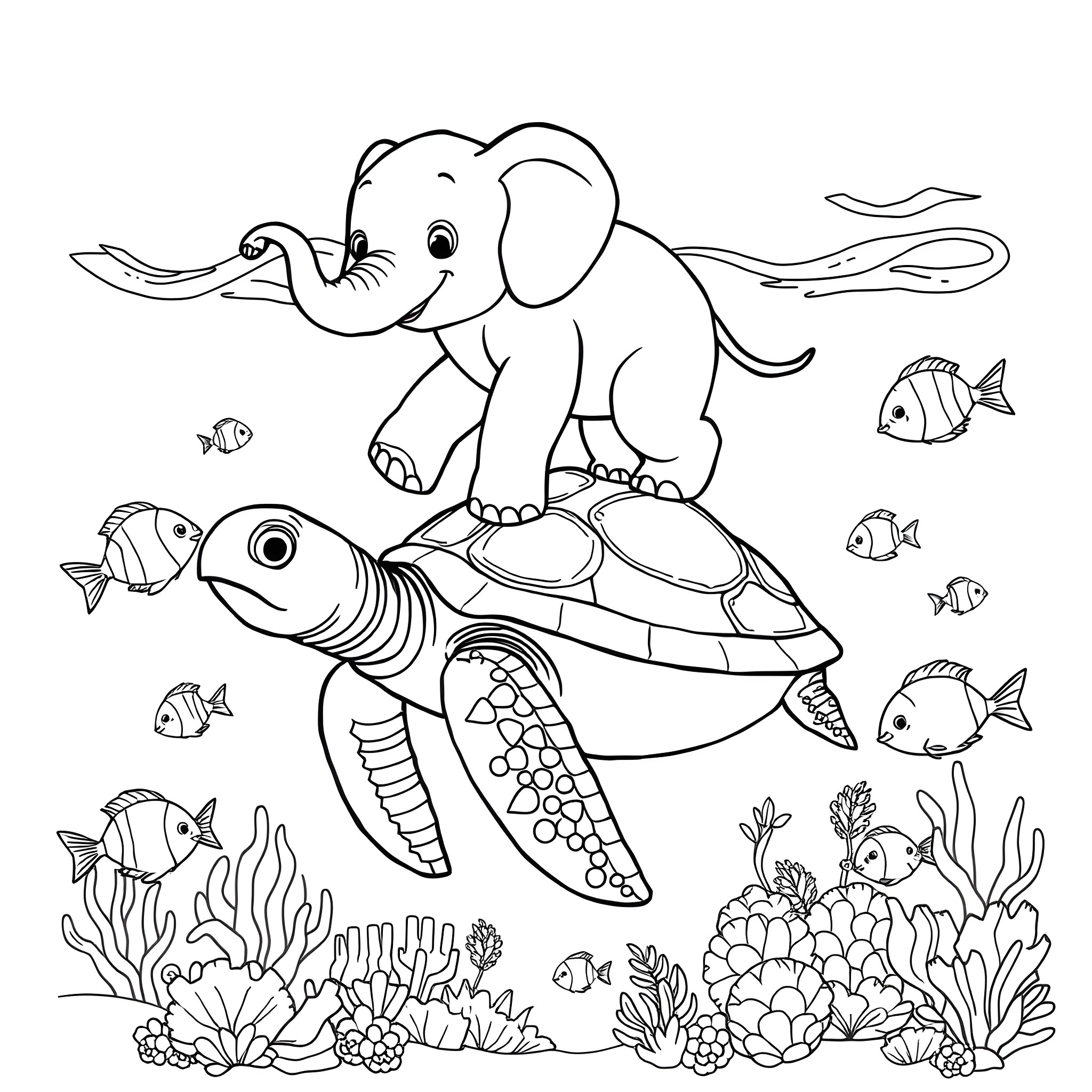 Elephant enjoying a ride on colorful sea turtle Coloring Page (free black-and-white line drawing printable PDF for all, from beginners to advanced learners, including children, teens, adults, and seniors)