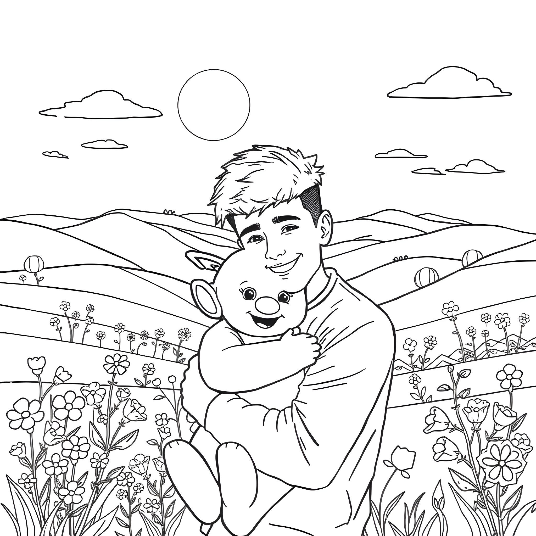 Justin Bieber enjoying a scenic nature landscape Coloring Page (free black-and-white line drawing printable PDF for all, from beginners to advanced learners, including children, teens, adults, and seniors)