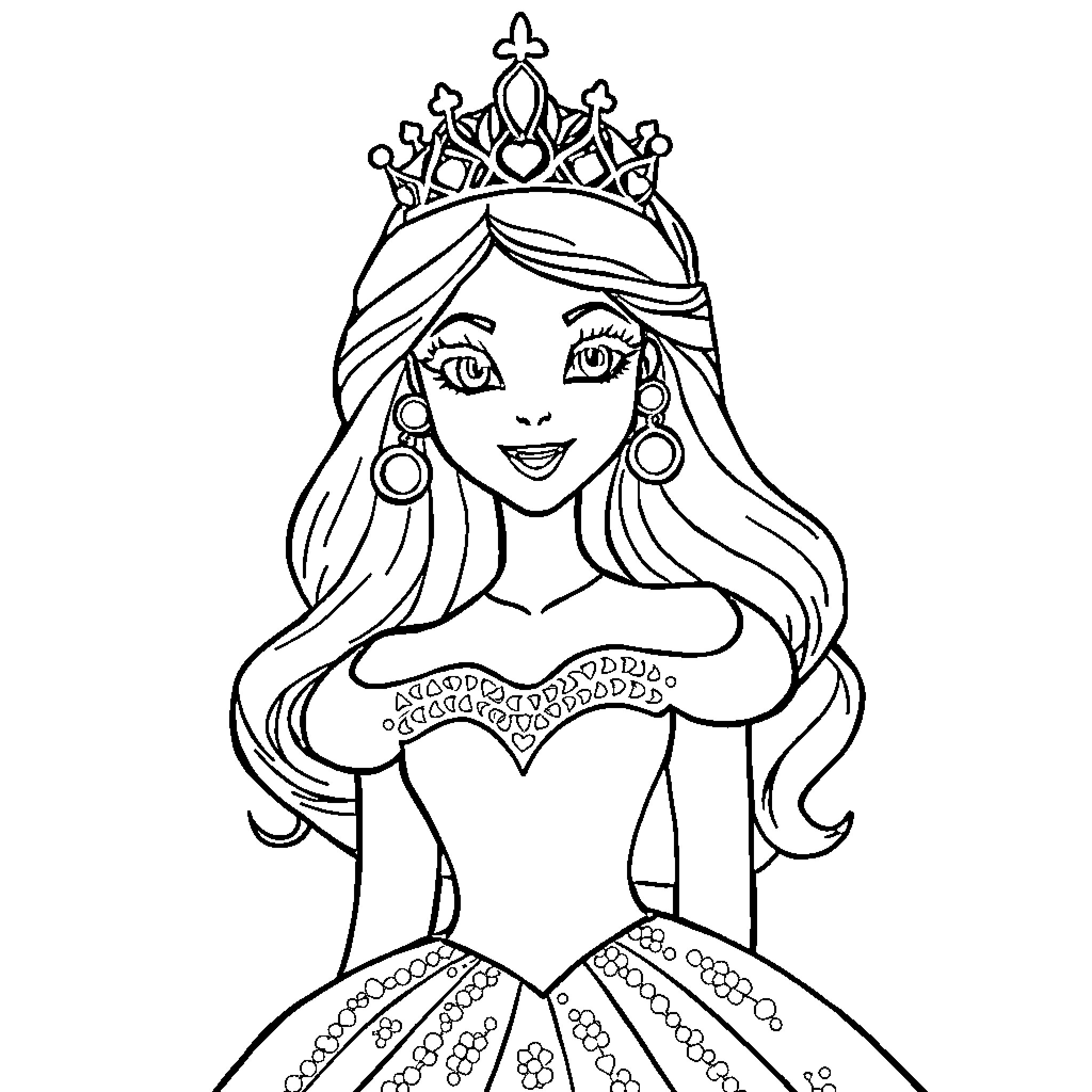 Princess in a Regal Dress and Crown Coloring Page (free black-and-white line drawing printable PDF for all, from beginners to advanced learners, including children, teens, adults, and seniors)