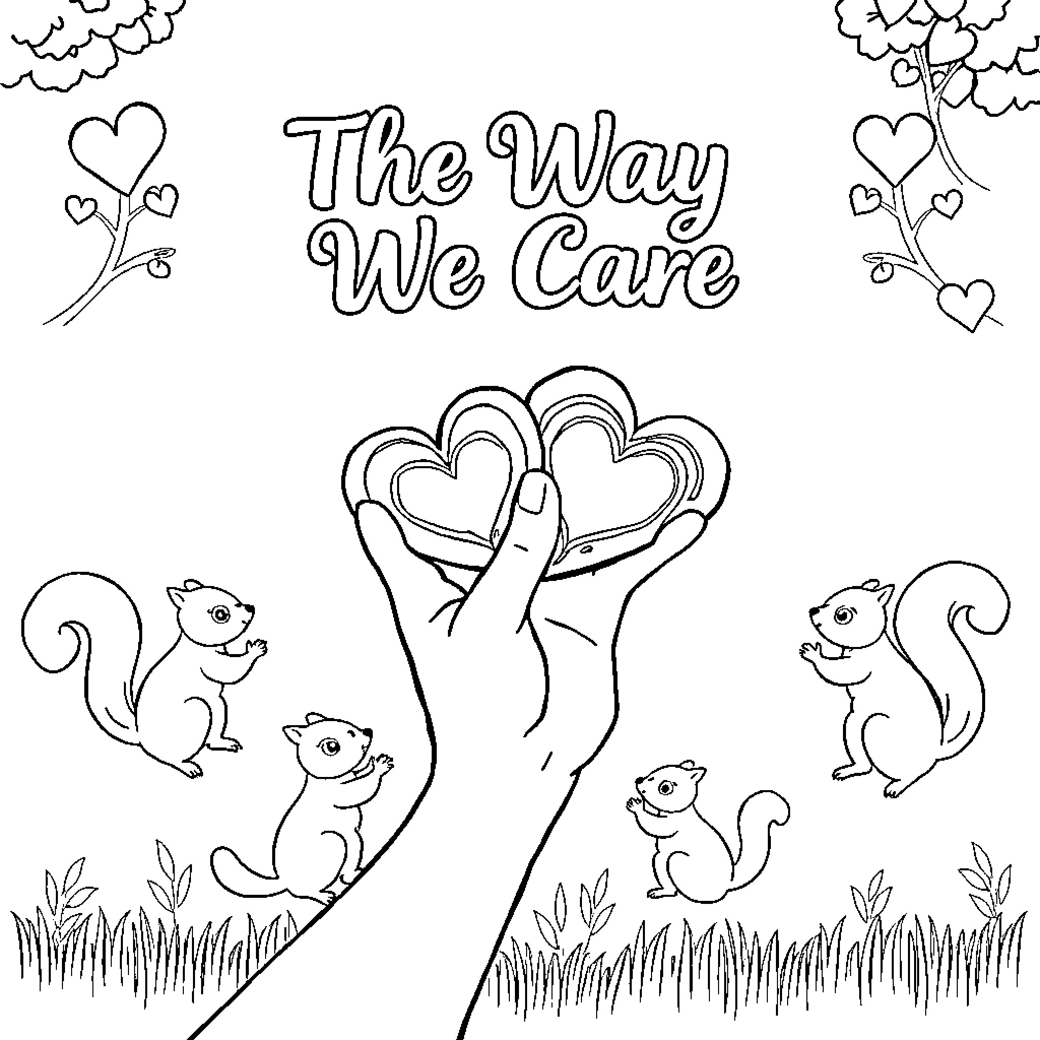 Heart-Shaped Hands Hold the Way We Care Coloring Page (free black-and-white line drawing printable PDF for all, from beginners to advanced learners, including children, teens, adults, and seniors)