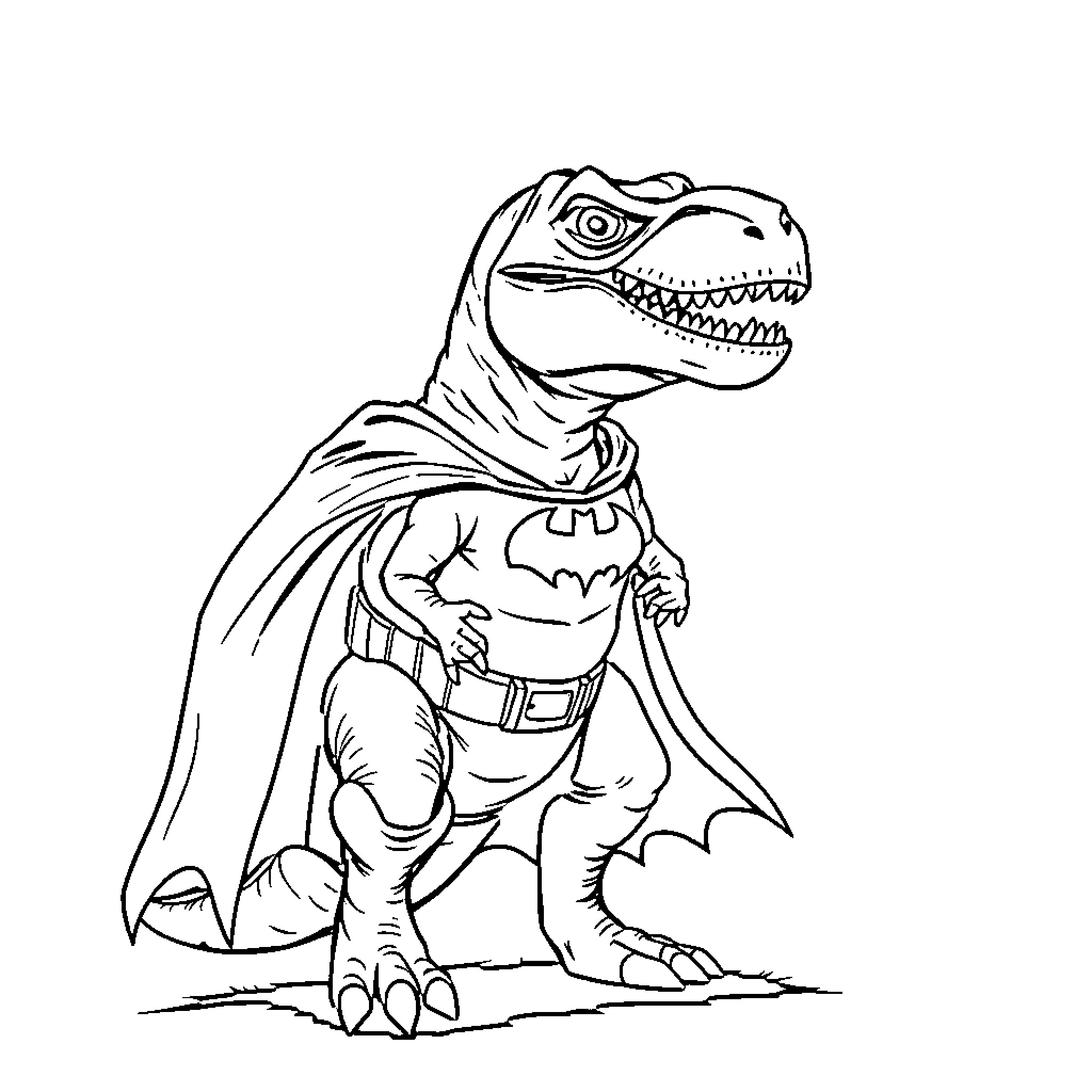 T-Rex Superhero in Action Pose Coloring Page (free black-and-white line drawing printable PDF for all, from beginners to advanced learners, including children, teens, adults, and seniors)