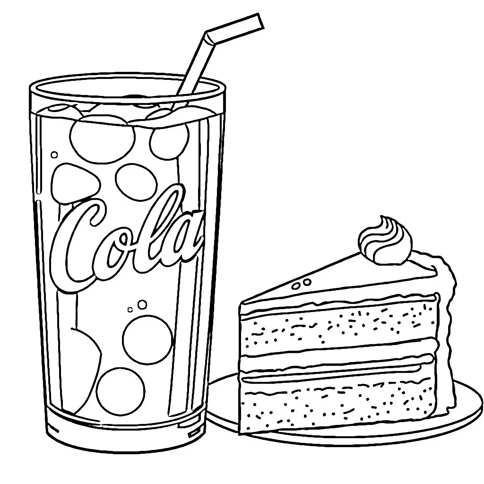 Cola and cake in black and white Coloring Page (free black-and-white line drawing printable PDF for all, from beginners to advanced learners, including children, teens, adults, and seniors)