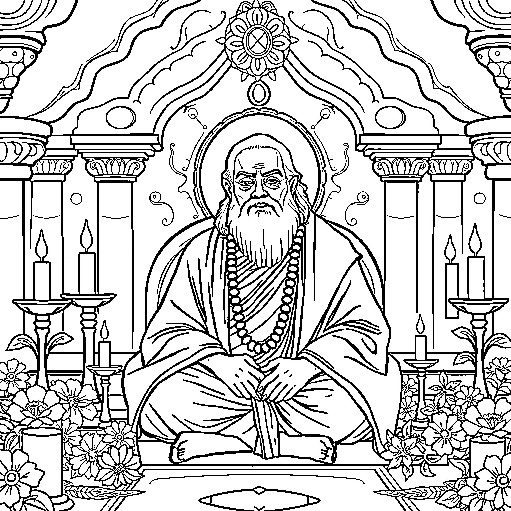 Swami seated in prayer at ornate temple Coloring Page (free black-and-white line drawing printable PDF for all, from beginners to advanced learners, including children, teens, adults, and seniors)