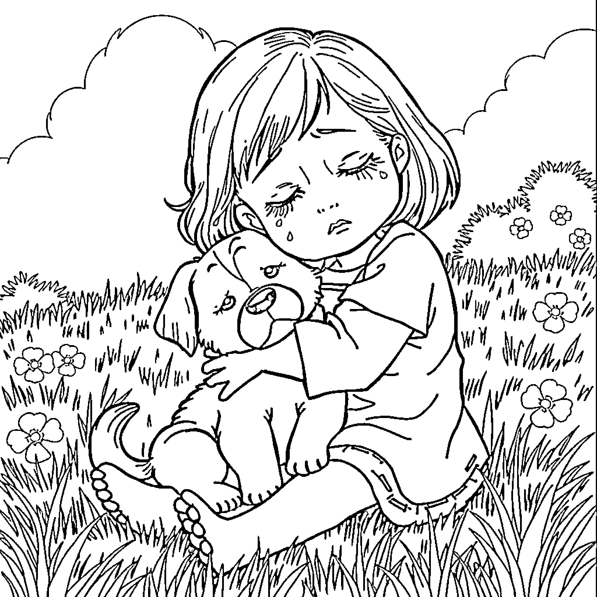 Girl Cuddling Cute Puppy in Flowery Meadow Coloring Page (free black-and-white line drawing printable PDF for all, from beginners to advanced learners, including children, teens, adults, and seniors)