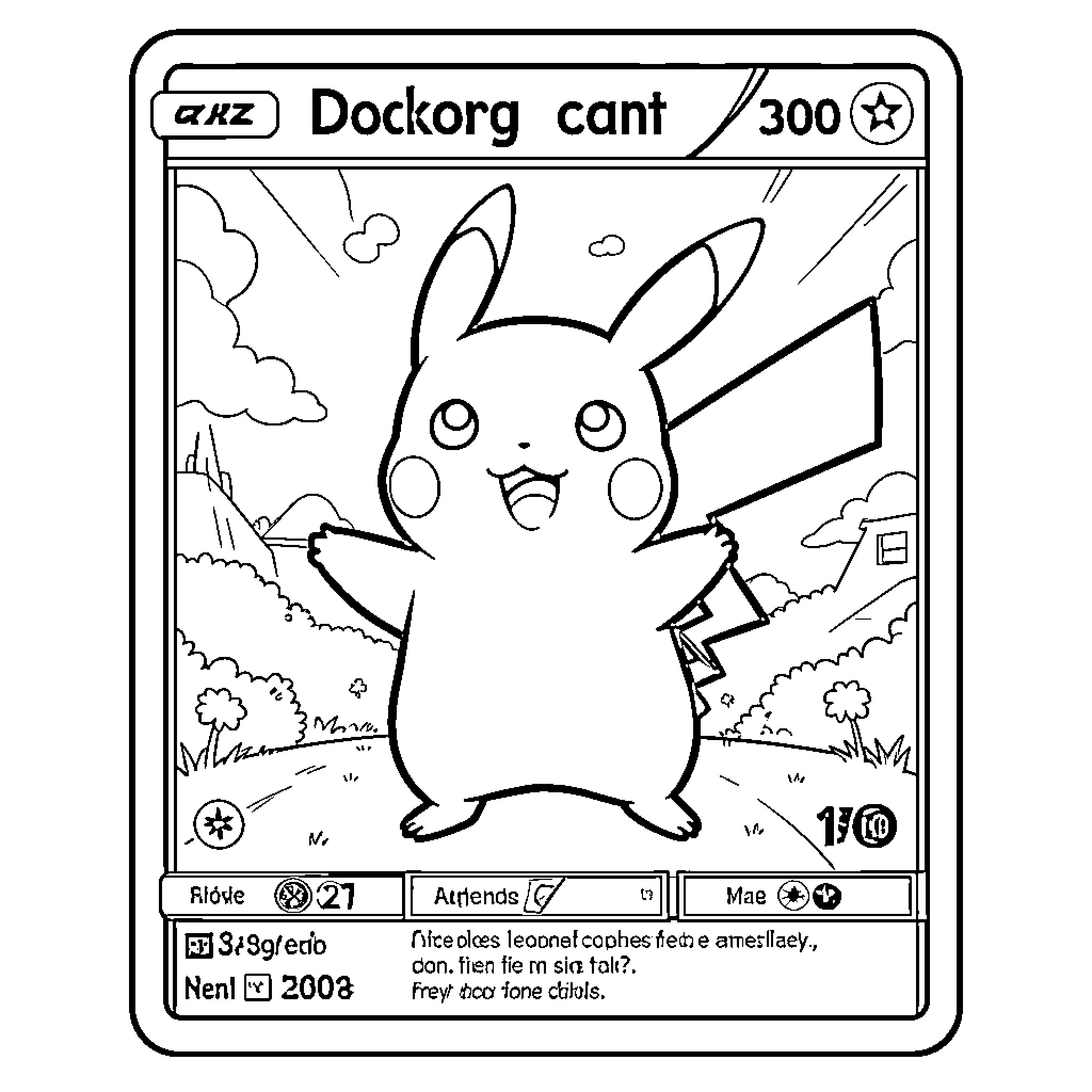 Pikachu smiling joyfully inside a trading card frame Coloring Page (free black-and-white line drawing printable PDF for all, from beginners to advanced learners, including children, teens, adults, and seniors)