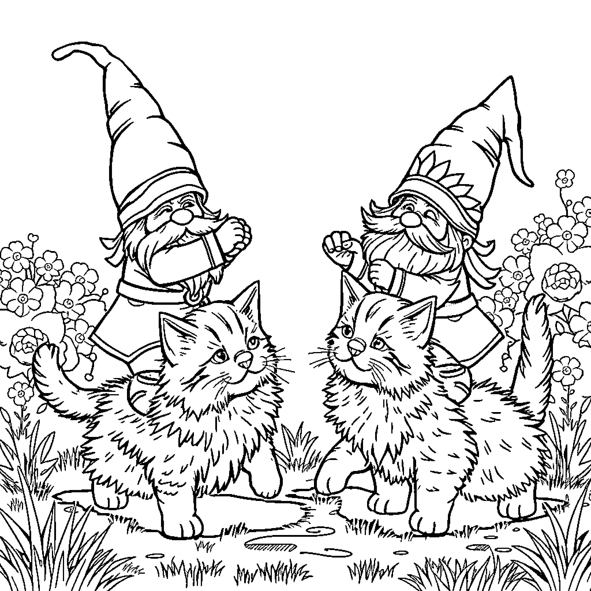 Gnome companions playing with curious kittens in a floral field Coloring Page (free black-and-white line drawing printable PDF for all, from beginners to advanced learners, including children, teens, adults, and seniors)