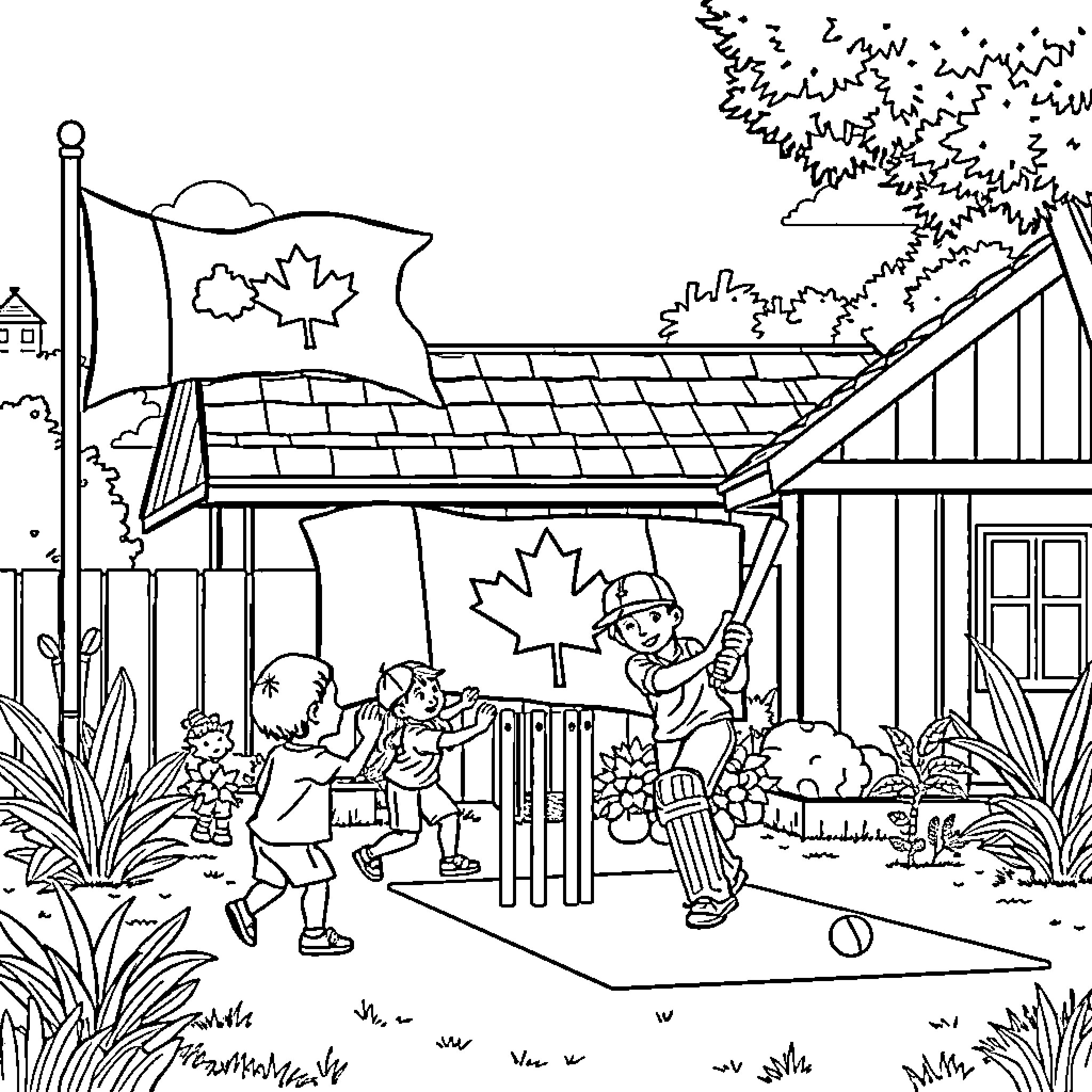 Flag children playing cricket in the backyard Coloring Page (free black-and-white line drawing printable PDF for all, from beginners to advanced learners, including children, teens, adults, and seniors)