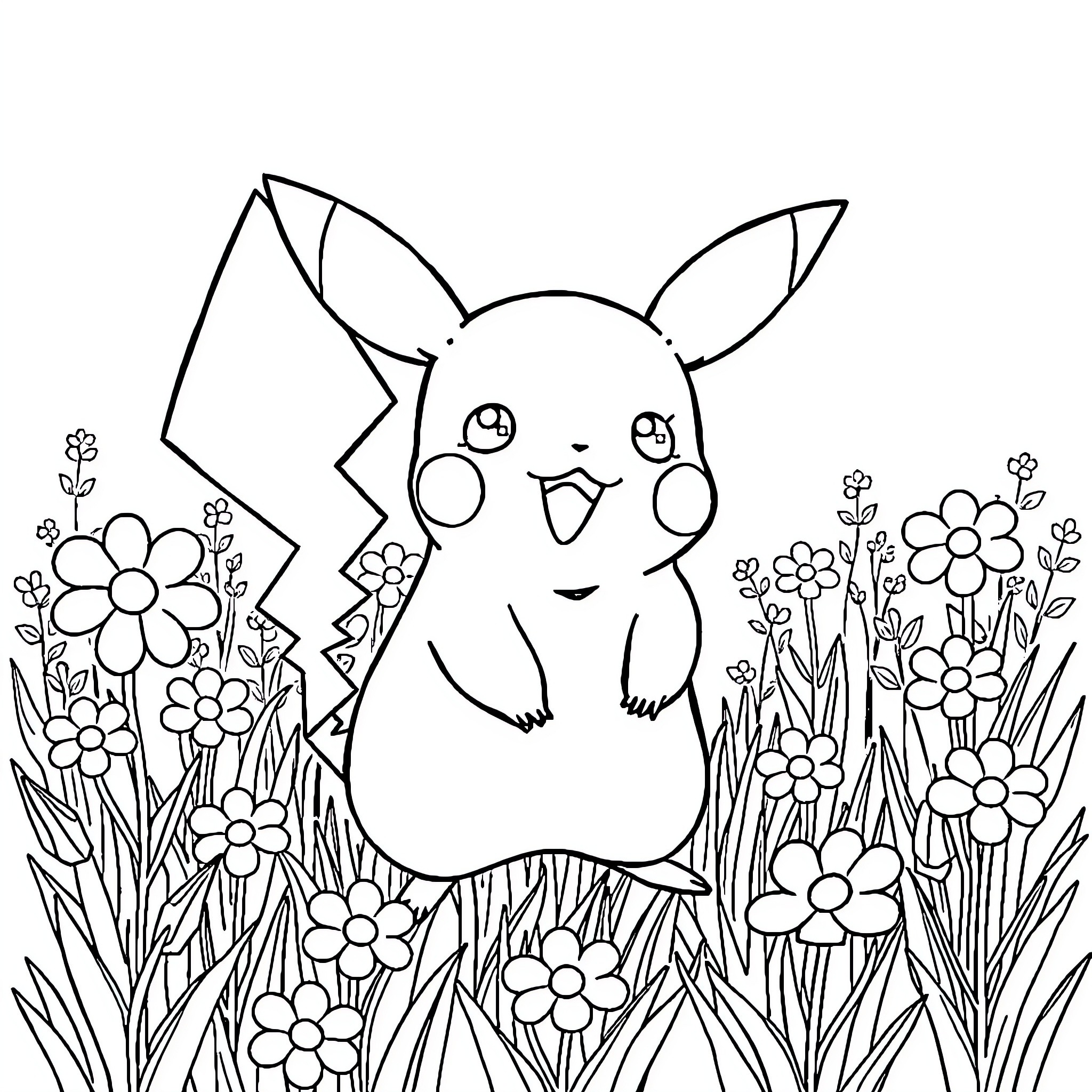 Pikachu playing in a flower garden Coloring Page (free black-and-white line drawing printable PDF for all, from beginners to advanced learners, including children, teens, adults, and seniors)