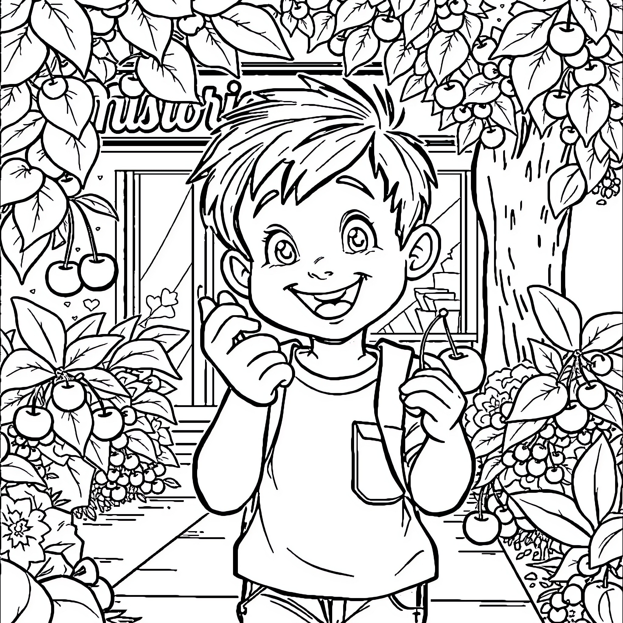 Boy happily smiling in lush garden Coloring Page (free black-and-white line drawing printable PDF for all, from beginners to advanced learners, including children, teens, adults, and seniors)