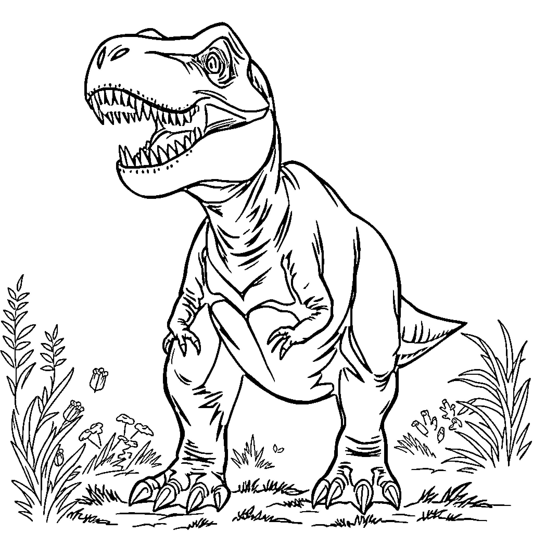 T-Rex Roaring Ferociously in Lush Prehistoric Landscape Coloring Page (free black-and-white line drawing printable PDF for all, from beginners to advanced learners, including children, teens, adults, and seniors)