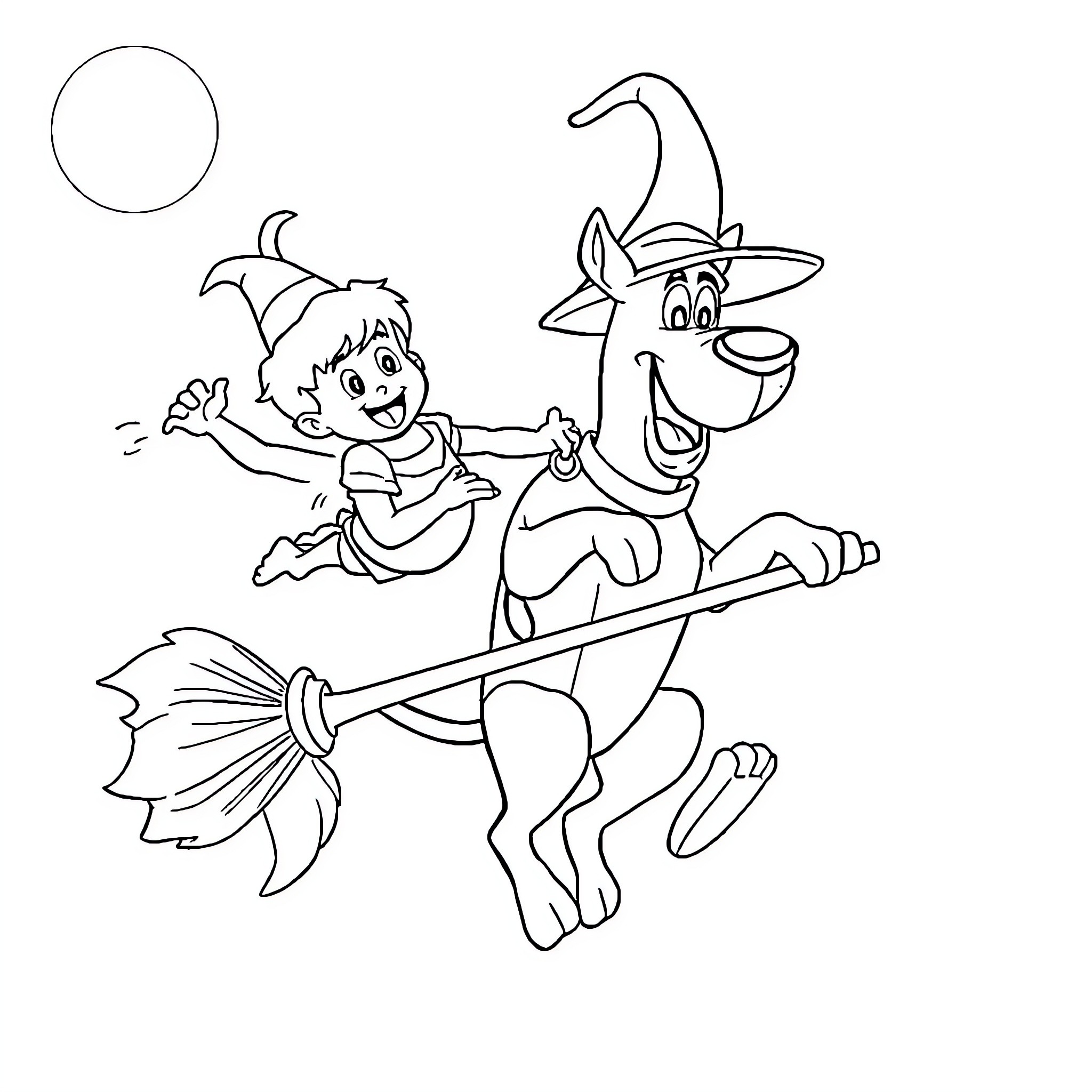 Scooby Doo and Shaggy on a Magical Broomstick Ride Coloring Page (free black-and-white line drawing printable PDF for all, from beginners to advanced learners, including children, teens, adults, and seniors)