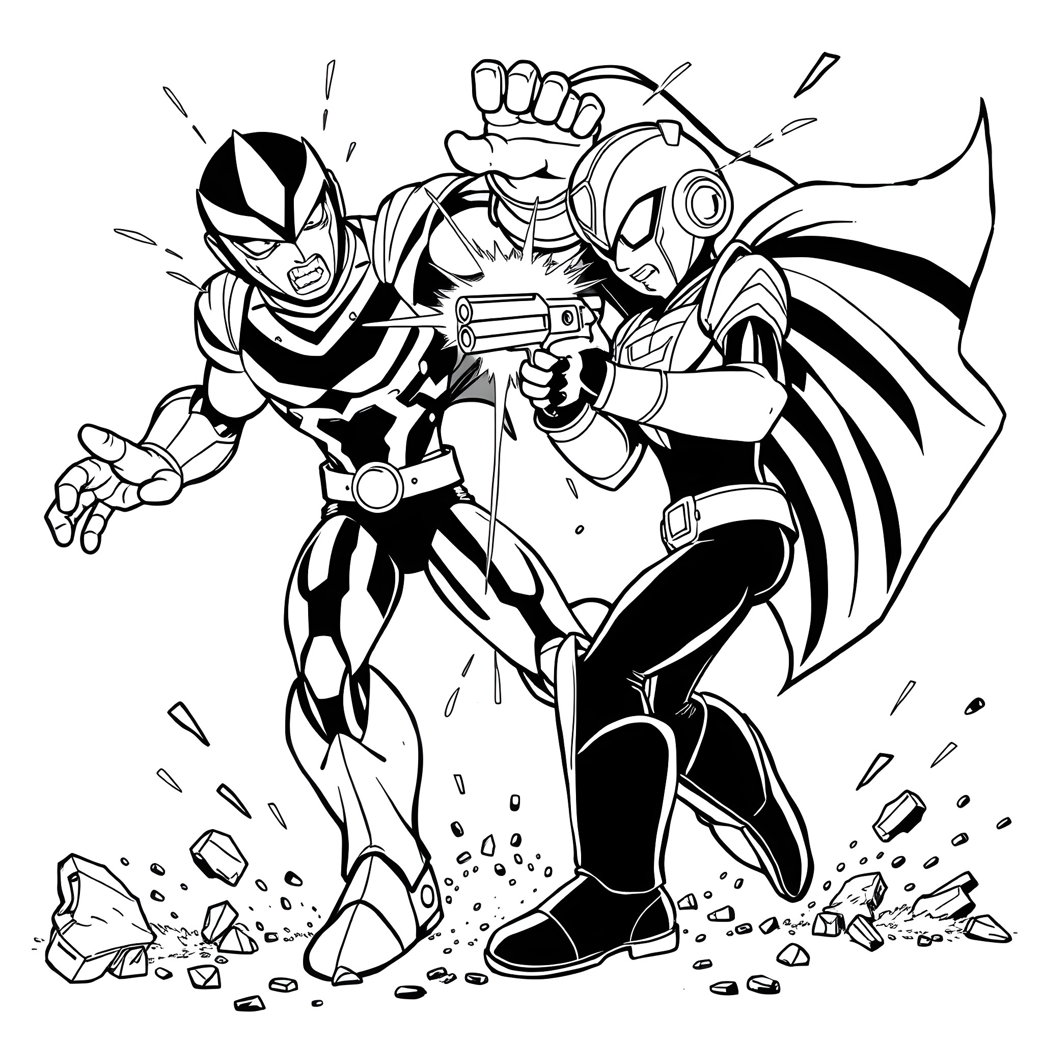 Nightcrawler heroes battling fiercely in action Coloring Page (free black-and-white line drawing printable PDF for all, from beginners to advanced learners, including children, teens, adults, and seniors)