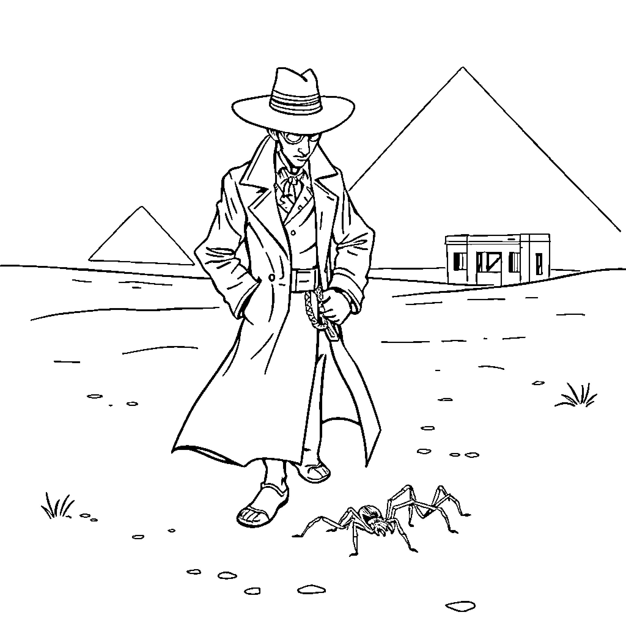 Detective Investigates Desert Crime Scene Coloring Page (free black-and-white line drawing printable PDF for all, from beginners to advanced learners, including children, teens, adults, and seniors)