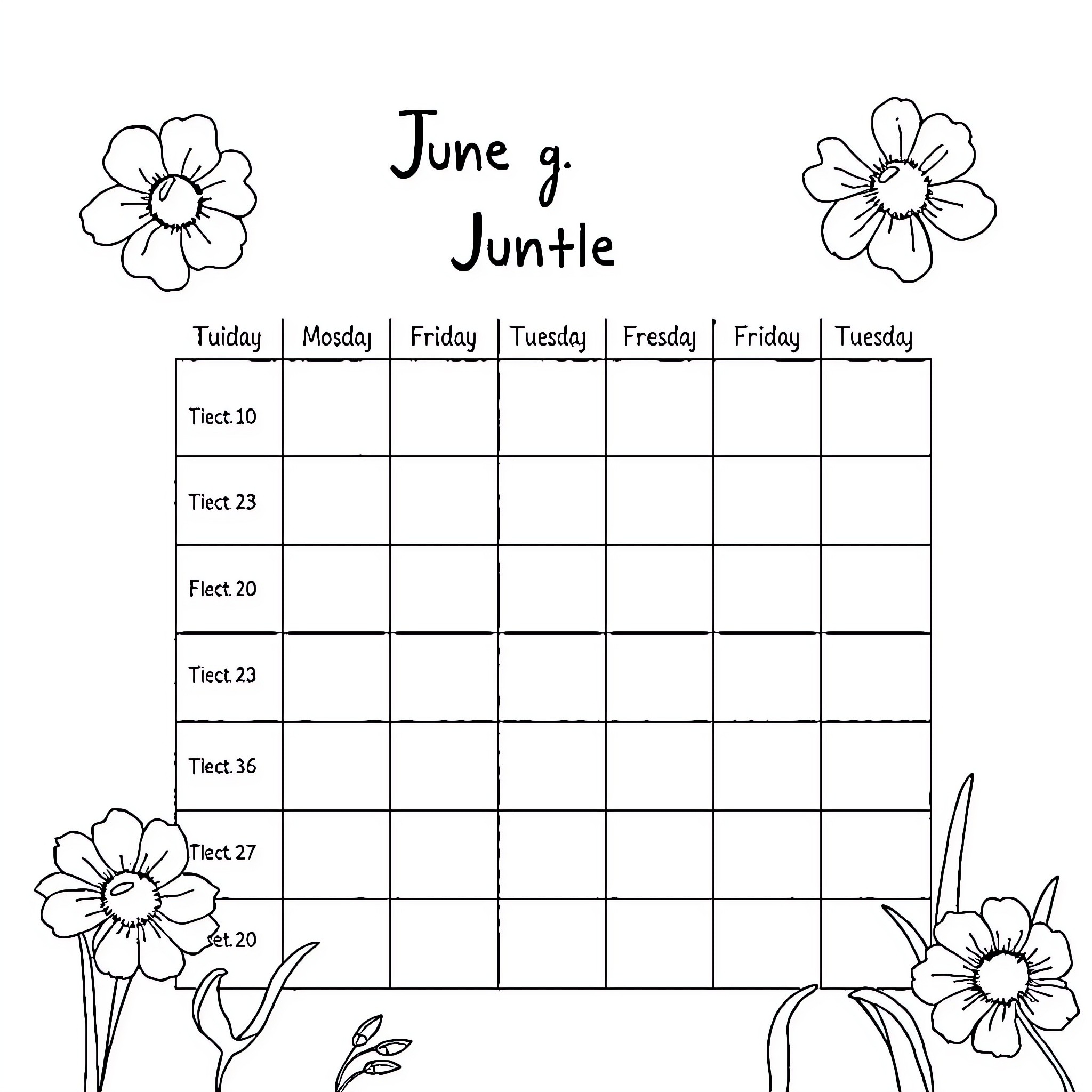 Mood of a weekly calendar with floral decorations Coloring Page (free black-and-white line drawing printable PDF for all, from beginners to advanced learners, including children, teens, adults, and seniors)