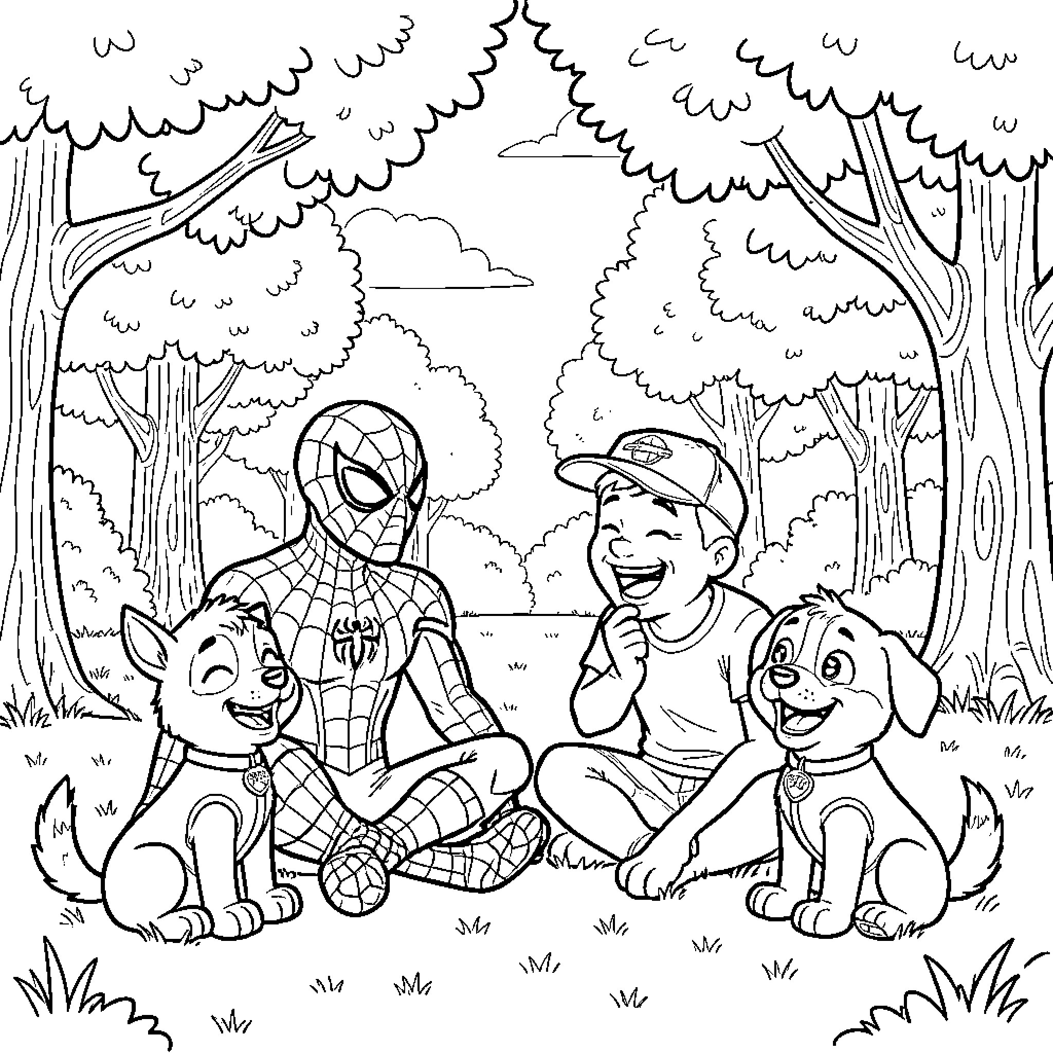 Spider-Man sitting with children and puppies in woods Coloring Page (free black-and-white line drawing printable PDF for all, from beginners to advanced learners, including children, teens, adults, and seniors)
