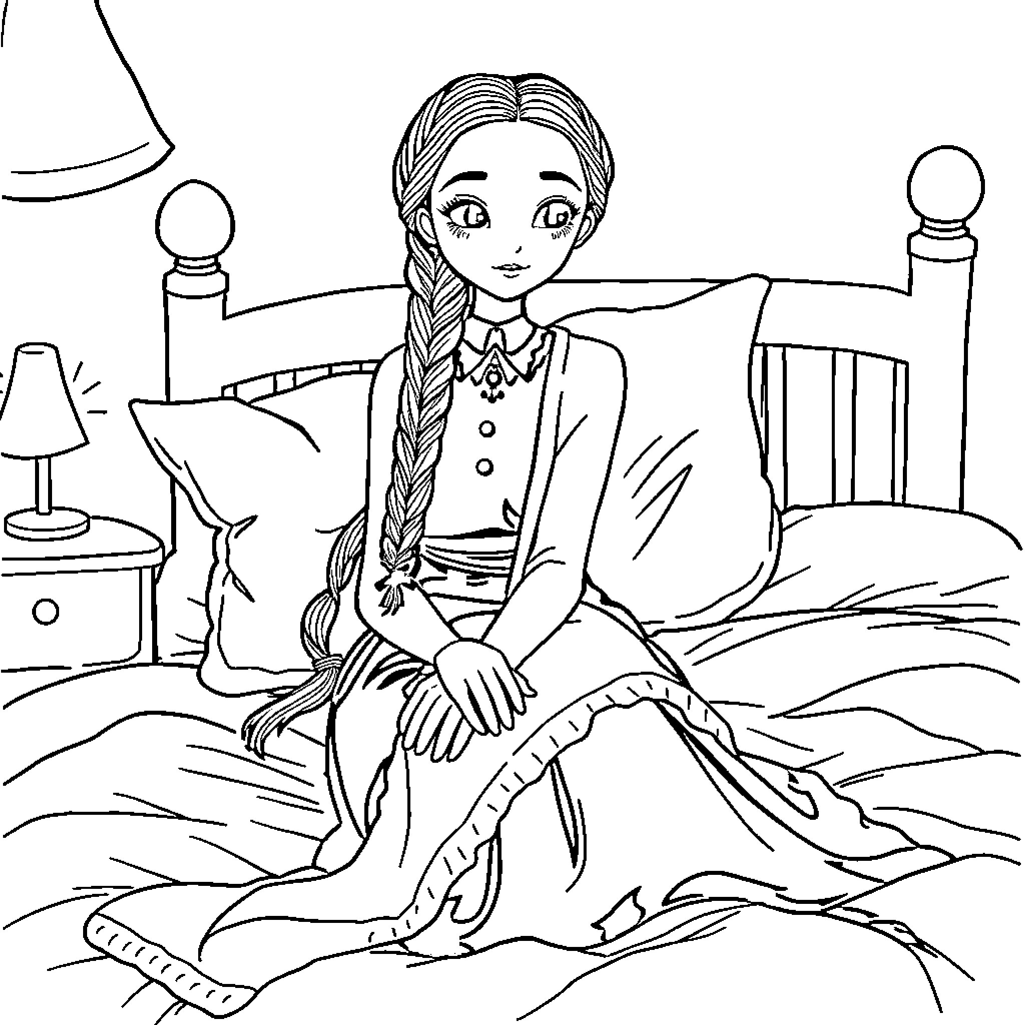 Wednesday girl sitting on the bed Coloring Page (free black-and-white line drawing printable PDF for all, from beginners to advanced learners, including children, teens, adults, and seniors)
