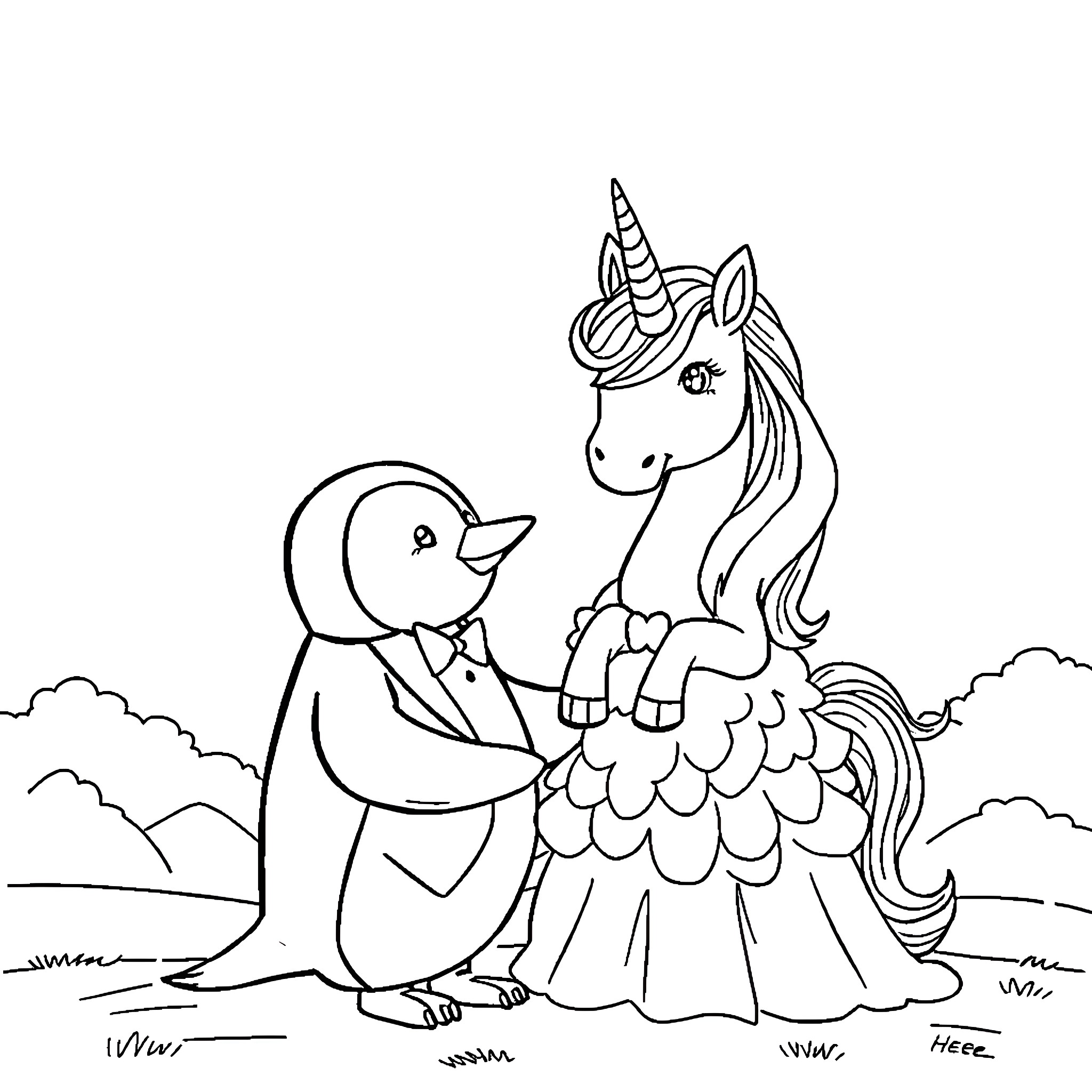 Penguin and Unicorn Embracing in a Meadow Coloring Page (free black-and-white line drawing printable PDF for all, from beginners to advanced learners, including children, teens, adults, and seniors)
