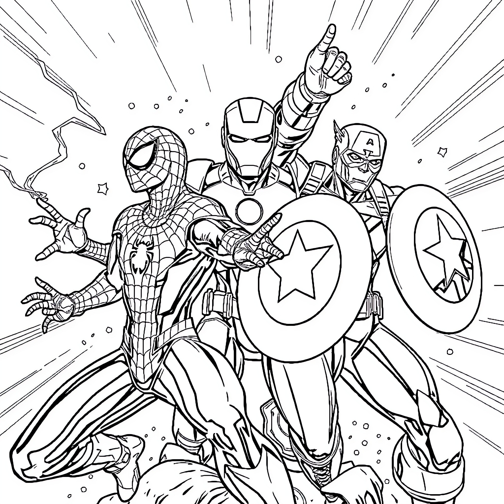 Marvel Heroes in Epic Action Poses Coloring Page (free black-and-white line drawing printable PDF for all, from beginners to advanced learners, including children, teens, adults, and seniors)