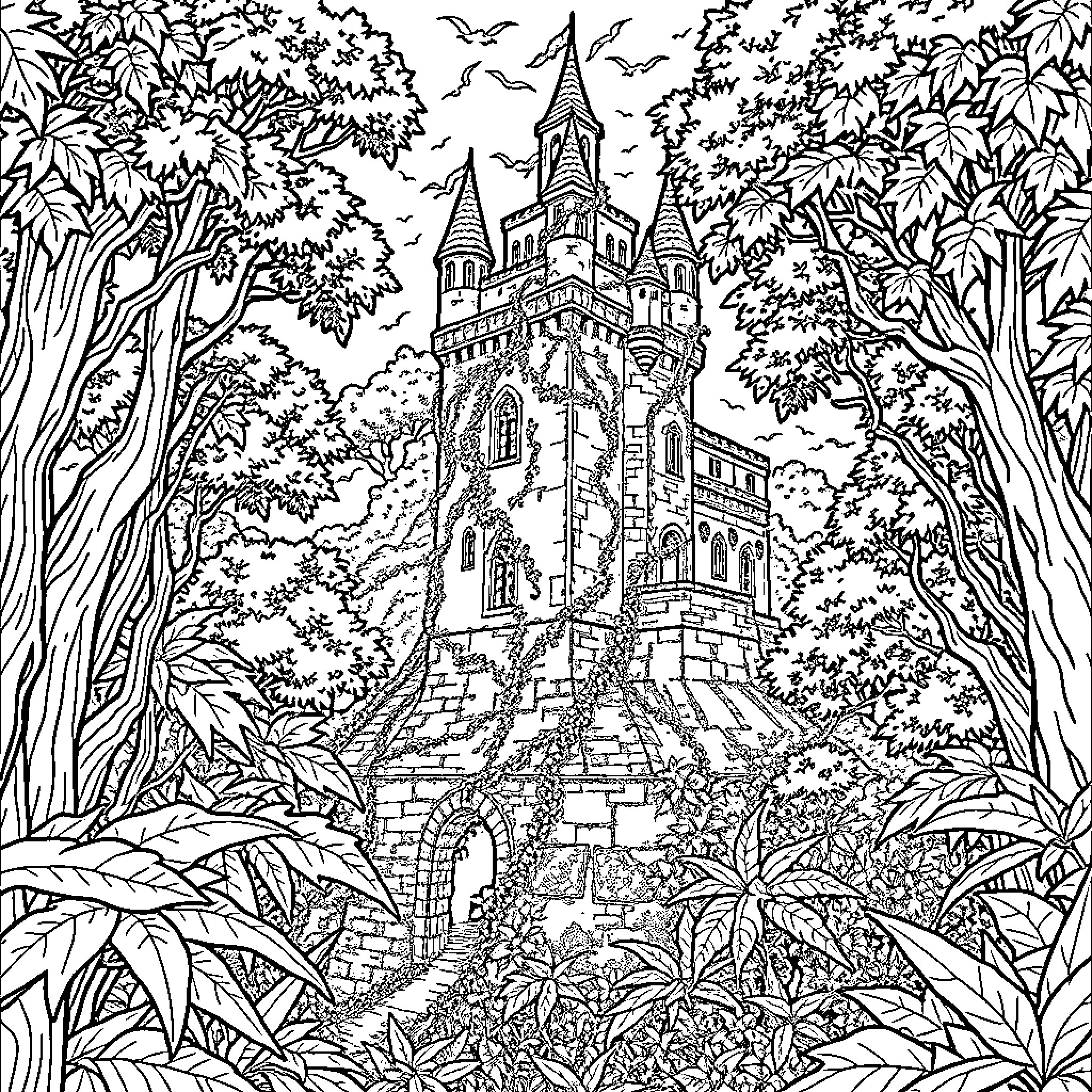 Castle Amidst the Enchanted Forest Coloring Page (free black-and-white line drawing printable PDF for all, from beginners to advanced learners, including children, teens, adults, and seniors)