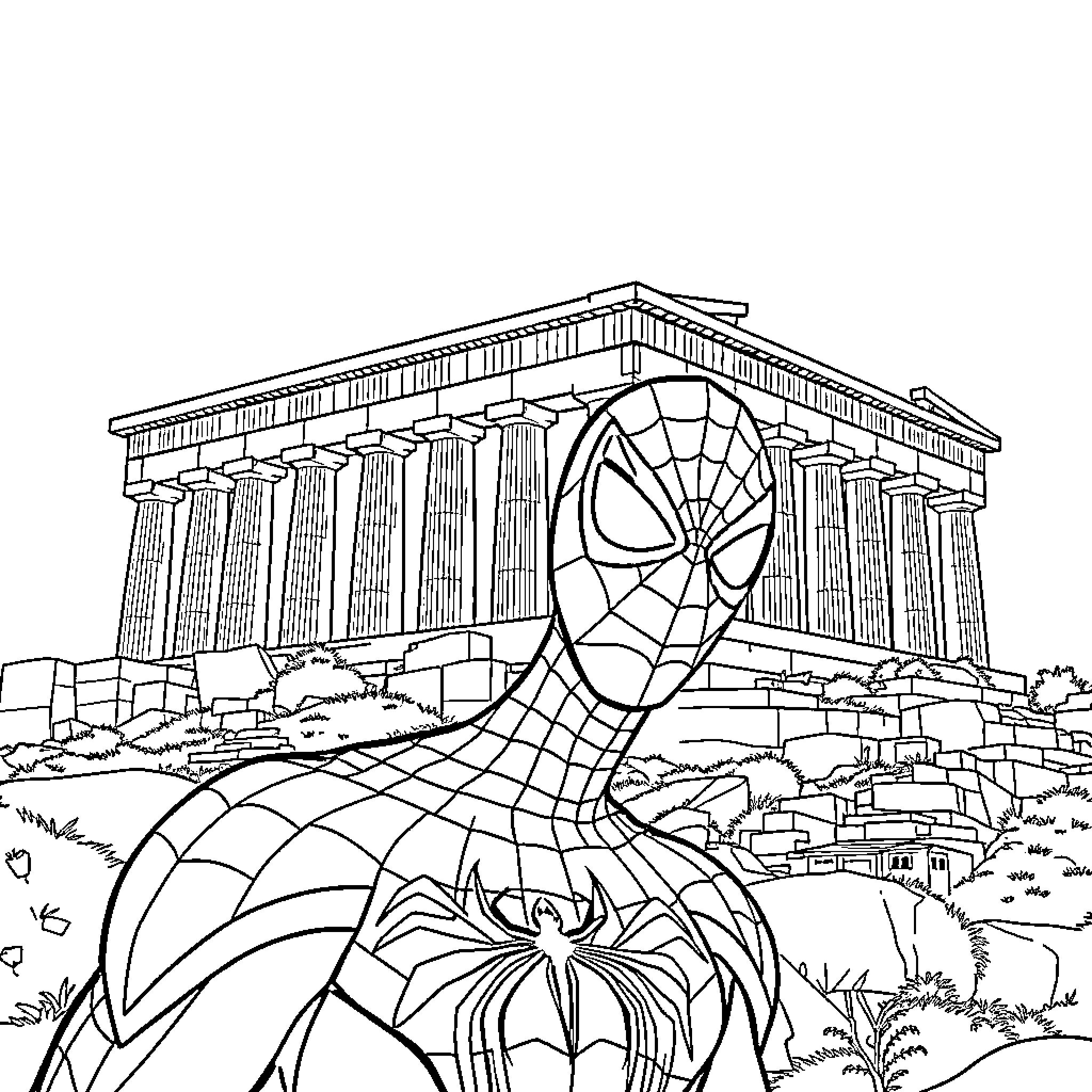 Spiderman swinging through the ancient ruins Coloring Page (free black-and-white line drawing printable PDF for all, from beginners to advanced learners, including children, teens, adults, and seniors)