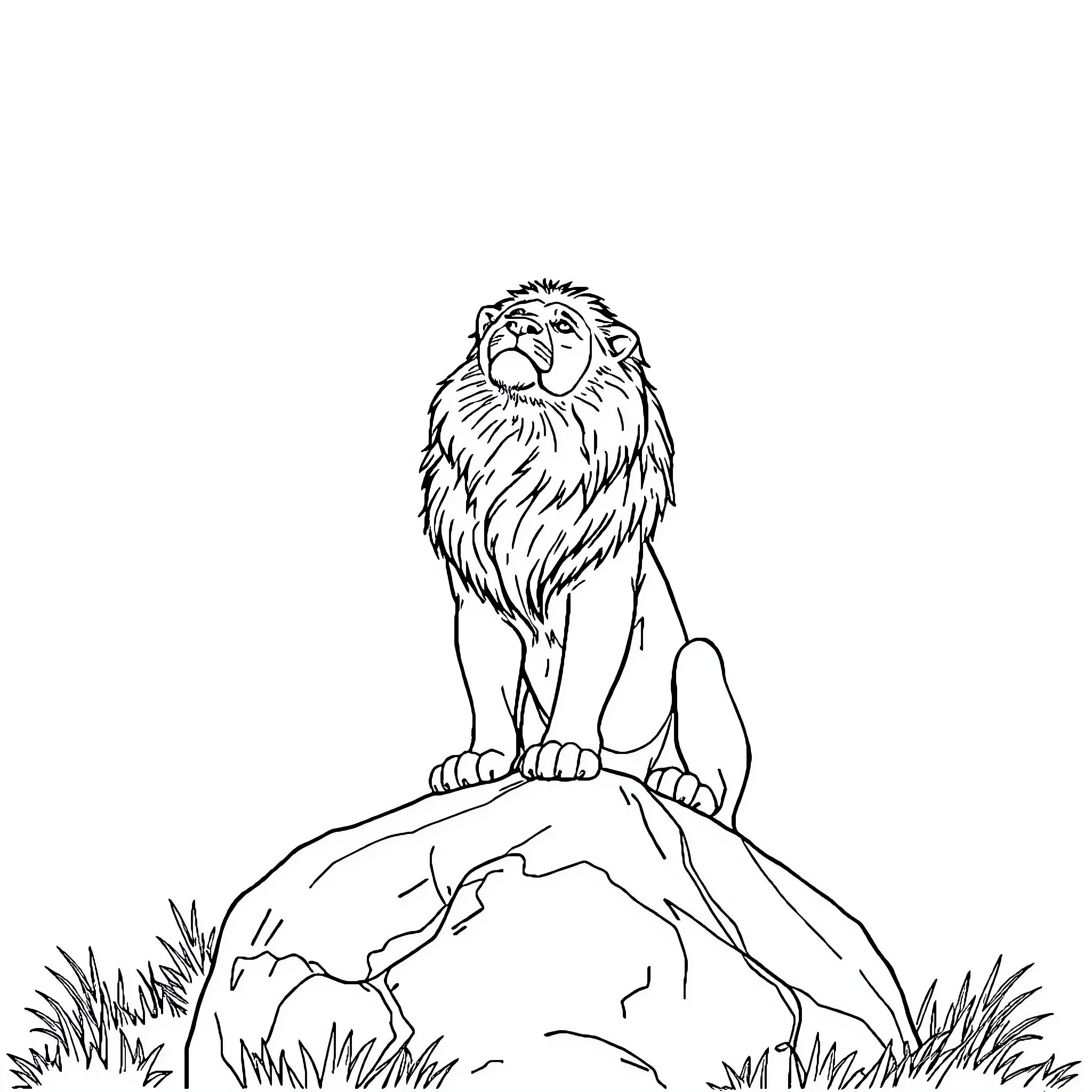 Lion sitting proudly on a rocky outcrop Coloring Page (free black-and-white line drawing printable PDF for all, from beginners to advanced learners, including children, teens, adults, and seniors)