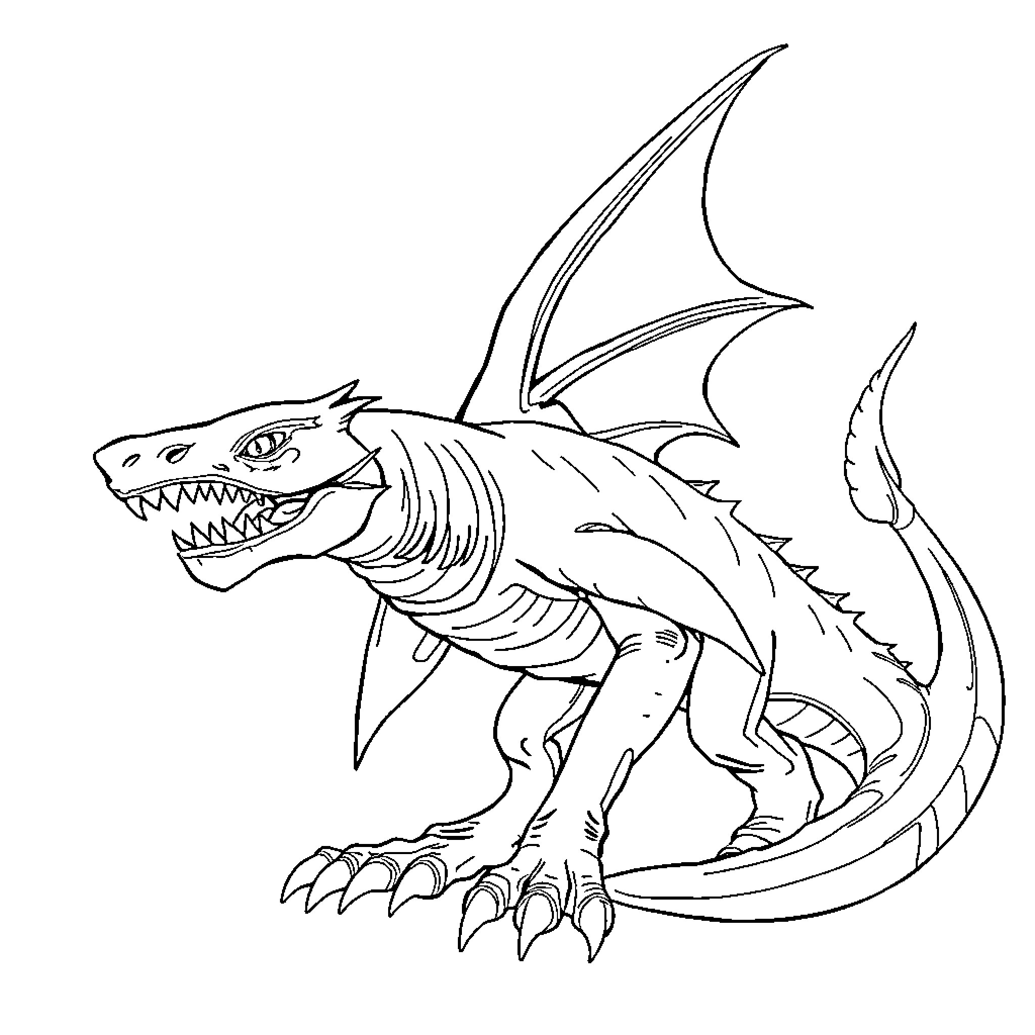 Shark Dragon menacing and powerful Coloring Page (free black-and-white line drawing printable PDF for all, from beginners to advanced learners, including children, teens, adults, and seniors)