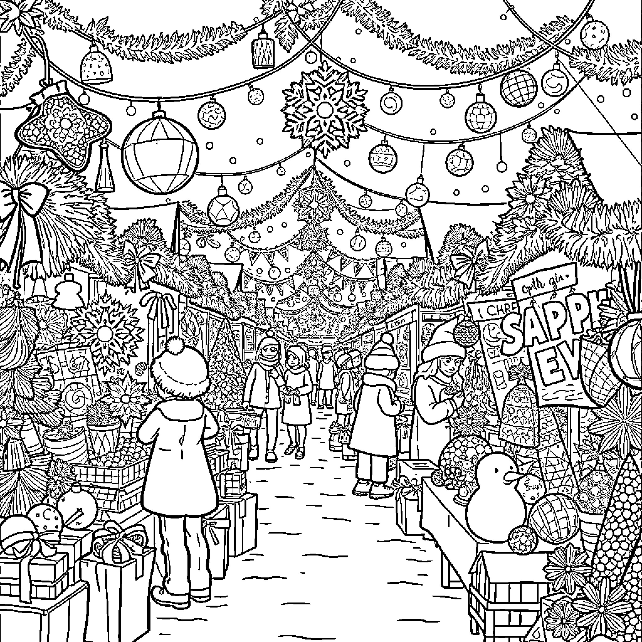 Christmas Carnival with Festive Decorations and Celebration Coloring Page (free black-and-white line drawing printable PDF for all, from beginners to advanced learners, including children, teens, adults, and seniors)