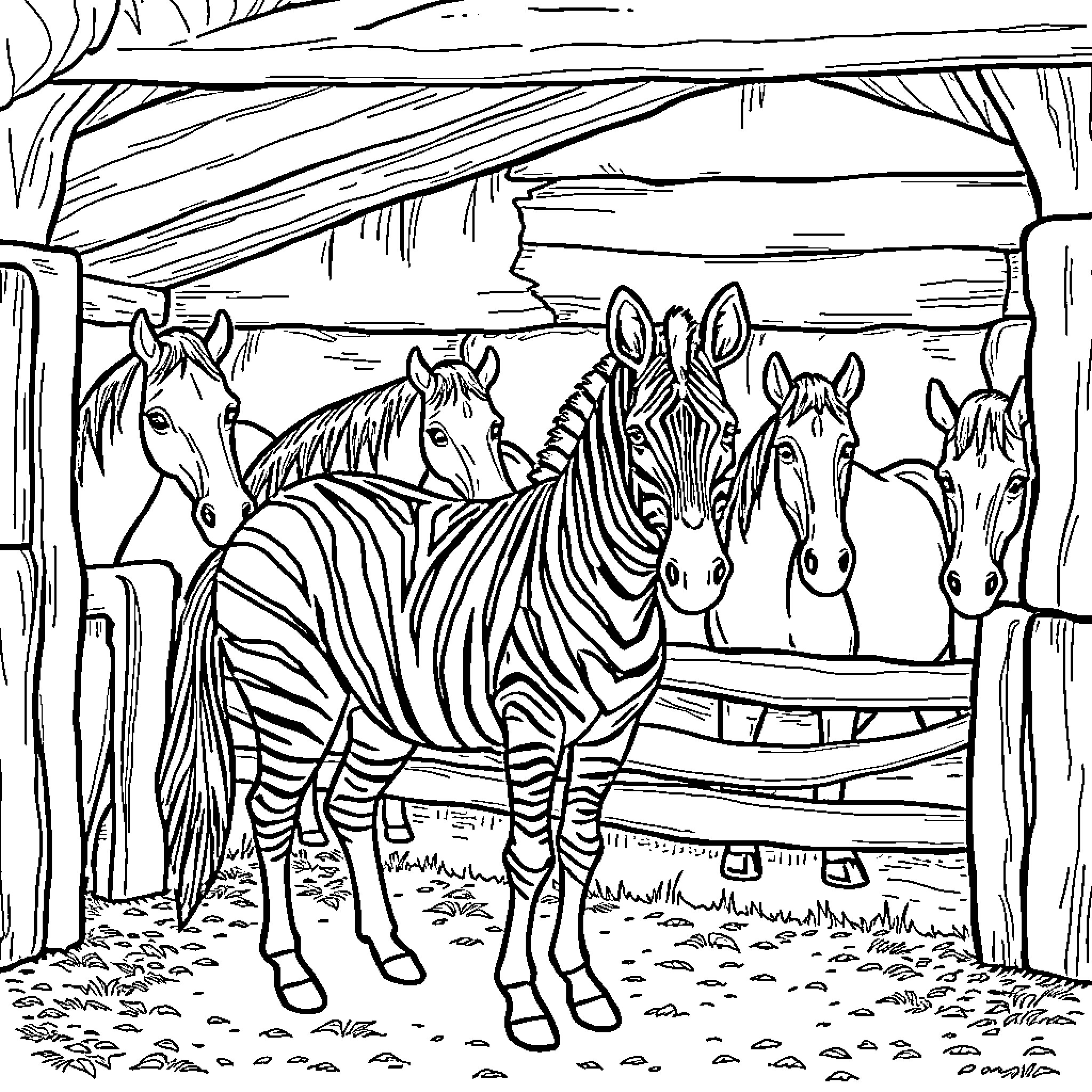 Zebra herd in an enclosure at the zoo Coloring Page (free black-and-white line drawing printable PDF for all, from beginners to advanced learners, including children, teens, adults, and seniors)