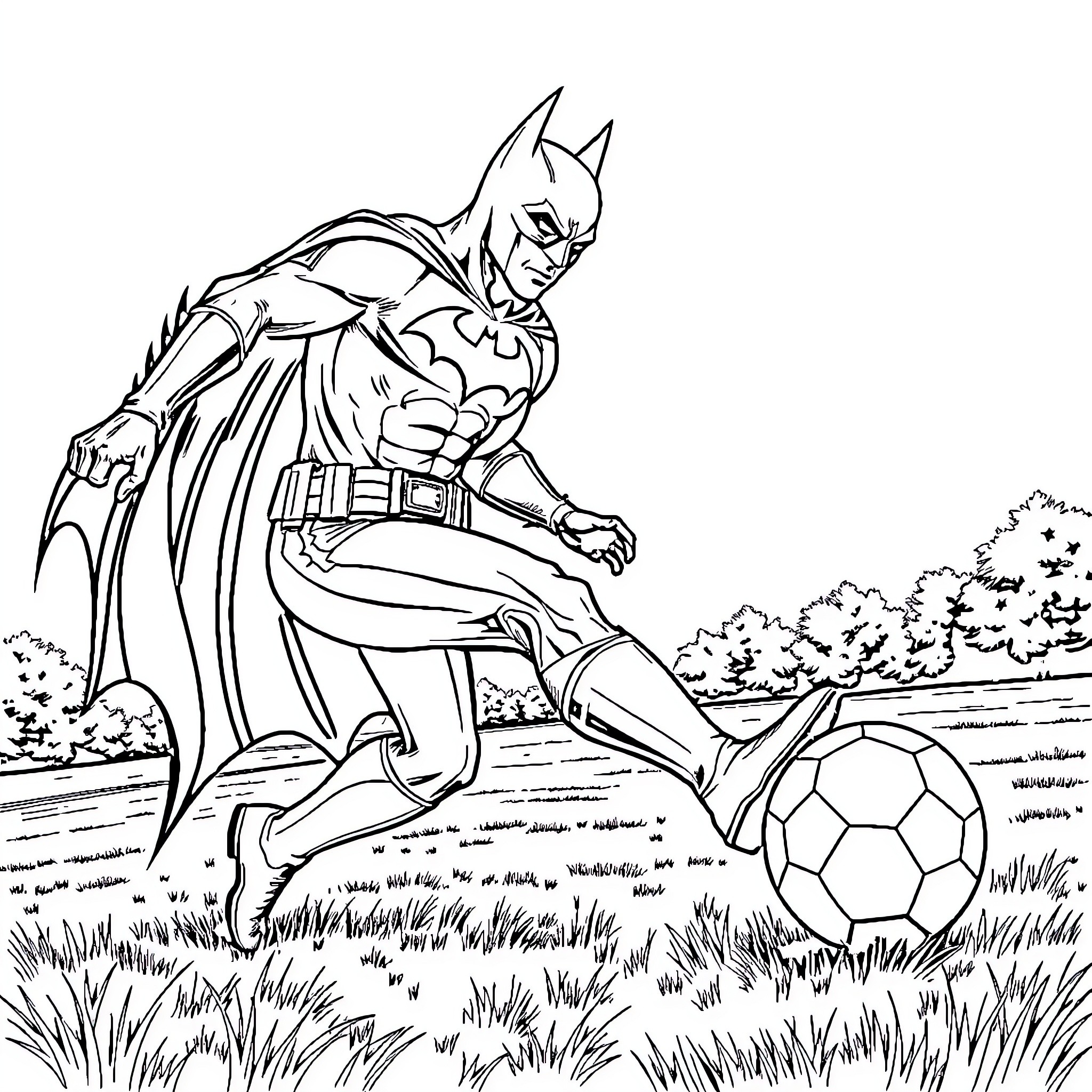 Batman playing soccer in the park Coloring Page (free black-and-white line drawing printable PDF for all, from beginners to advanced learners, including children, teens, adults, and seniors)