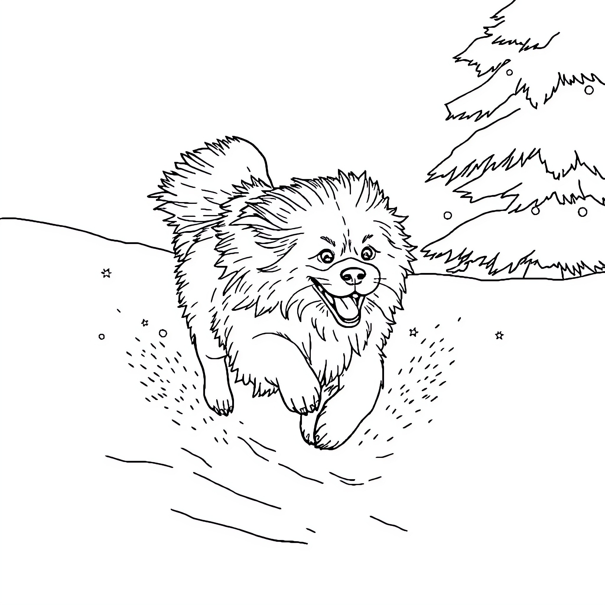 Dog happily running in the snow Coloring Page (free black-and-white line drawing printable PDF for all, from beginners to advanced learners, including children, teens, adults, and seniors)