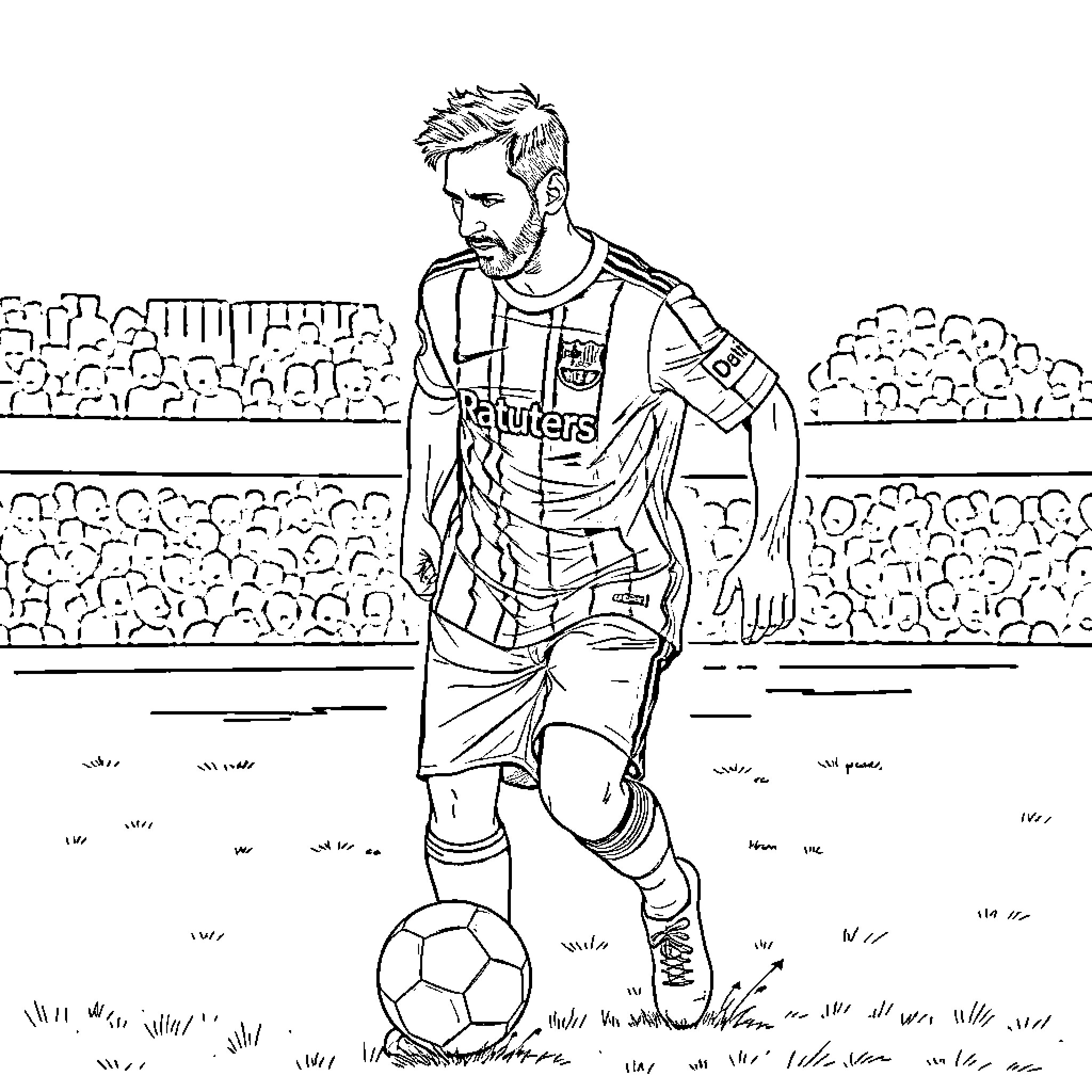 Messi playing soccer on the pitch Coloring Page (free black-and-white line drawing printable PDF for all, from beginners to advanced learners, including children, teens, adults, and seniors)