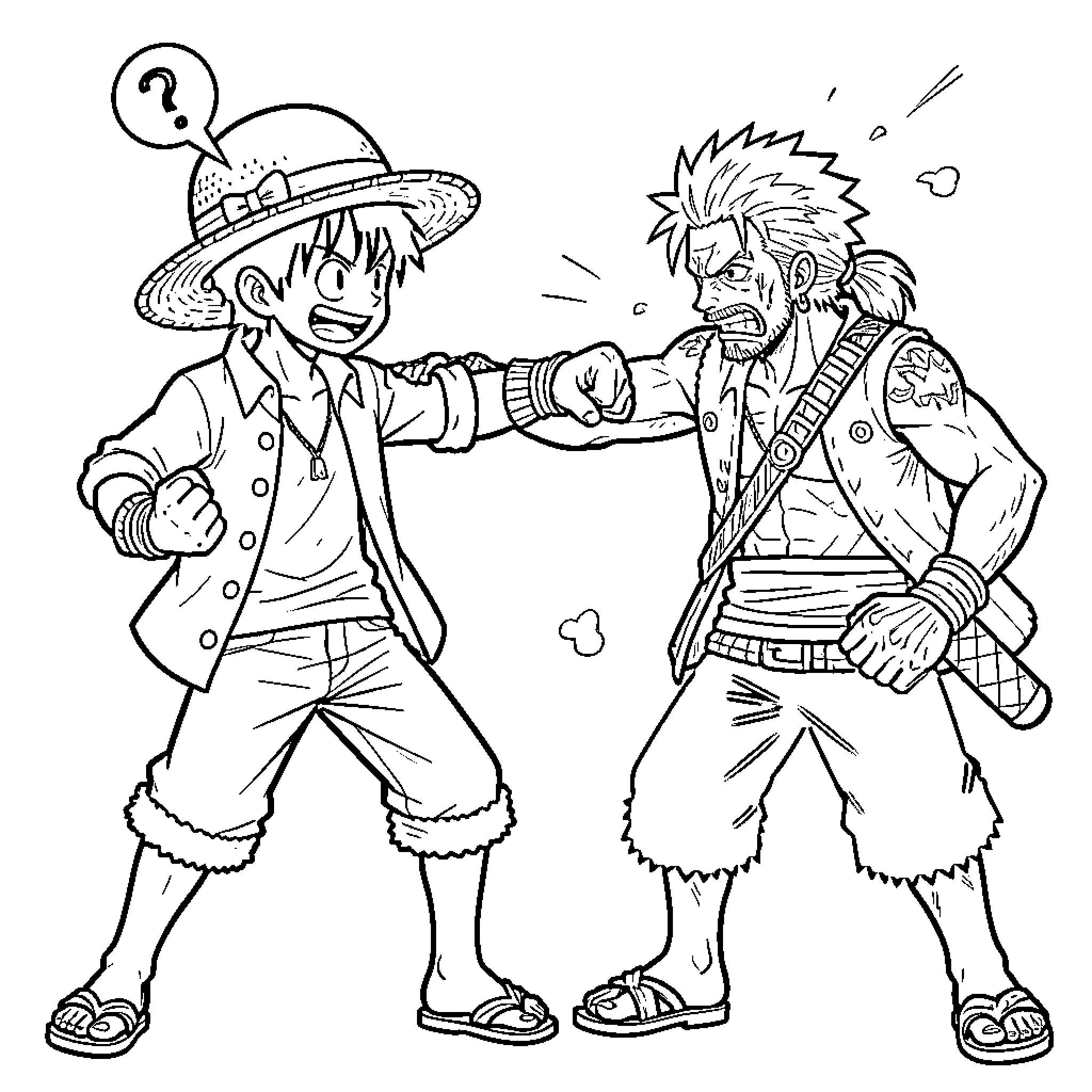 Luffy and Zoro clashing in a fierce battle Coloring Page (free black-and-white line drawing printable PDF for all, from beginners to advanced learners, including children, teens, adults, and seniors)