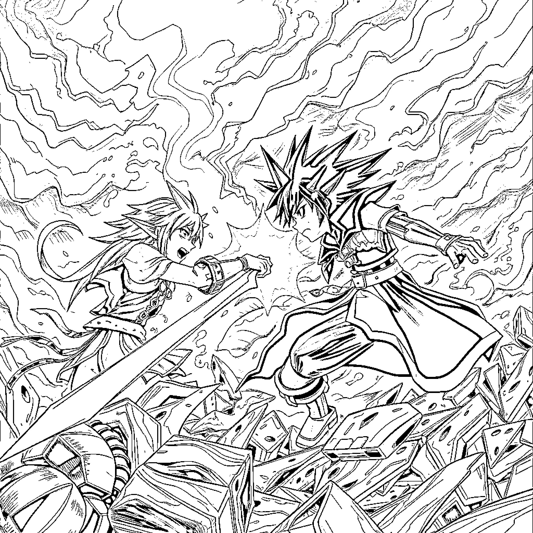 Sora's Clash Against a Fierce Foe Coloring Page (free black-and-white line drawing printable PDF for all, from beginners to advanced learners, including children, teens, adults, and seniors)