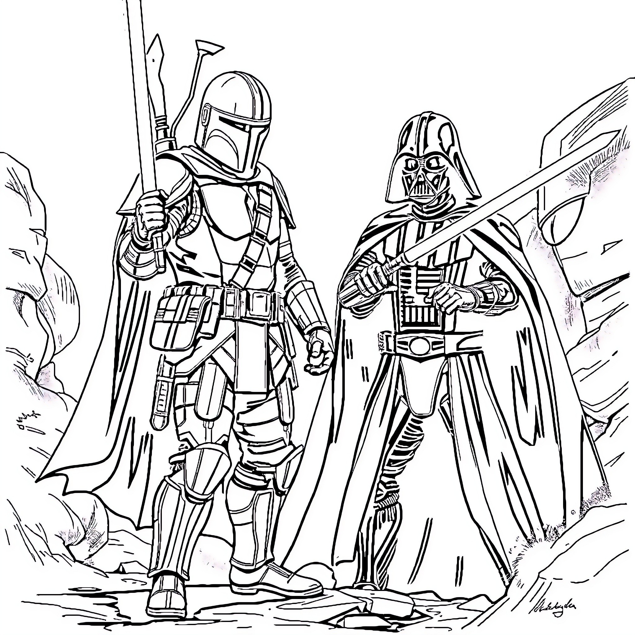 Mandalorian warriors and Darth Vader in epic battle Coloring Page (free black-and-white line drawing printable PDF for all, from beginners to advanced learners, including children, teens, adults, and seniors)