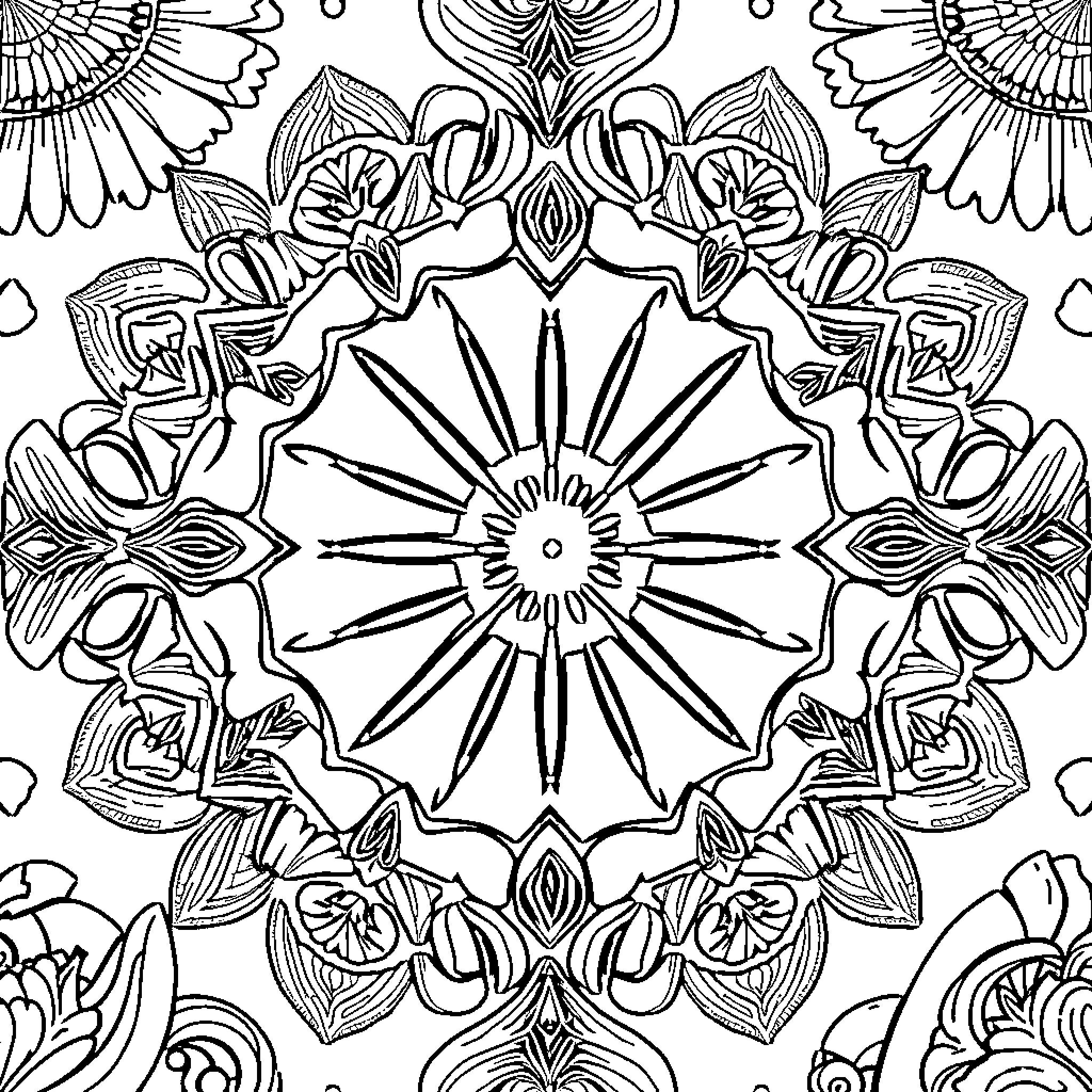 Pattern of intricate floral designs and symmetrical shapes Coloring Page (free black-and-white line drawing printable PDF for all, from beginners to advanced learners, including children, teens, adults, and seniors)