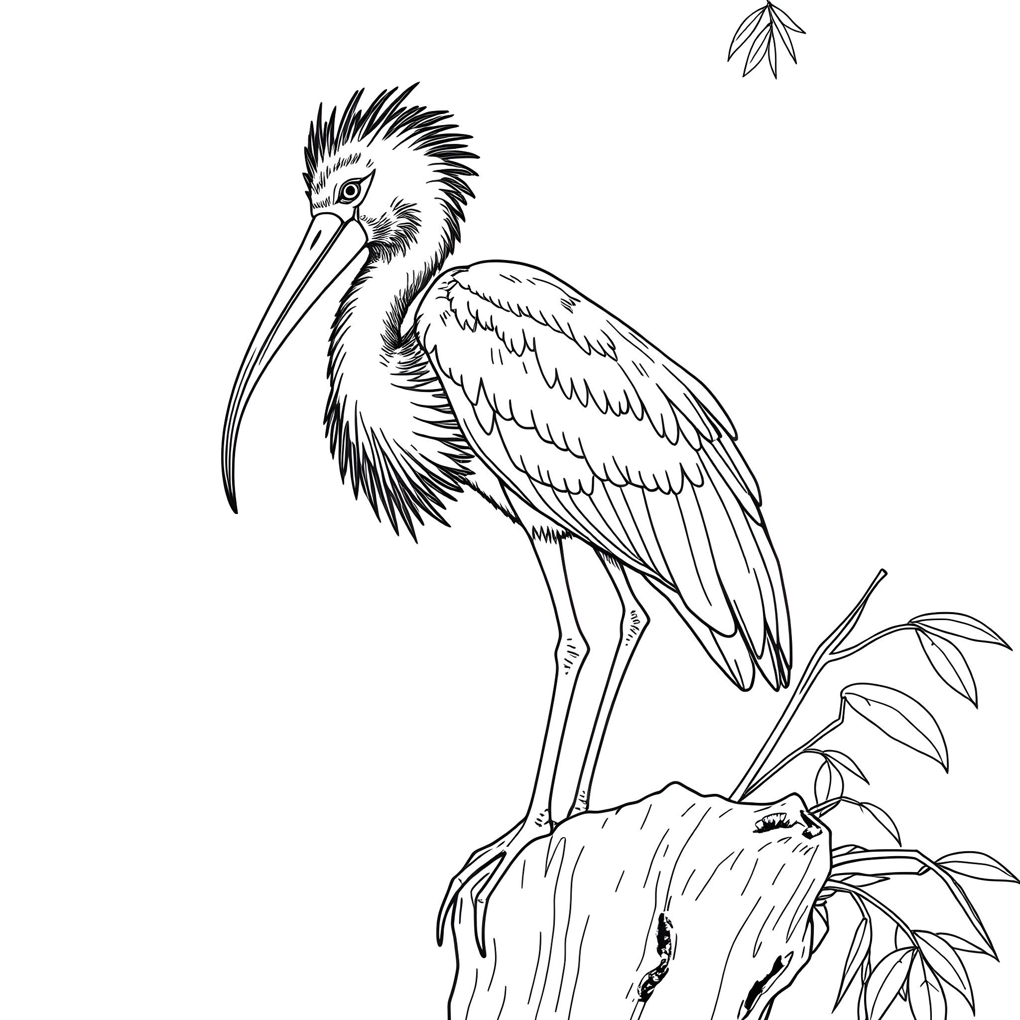 Ibis perched on a rock amid foliage Coloring Page (free black-and-white line drawing printable PDF for all, from beginners to advanced learners, including children, teens, adults, and seniors)