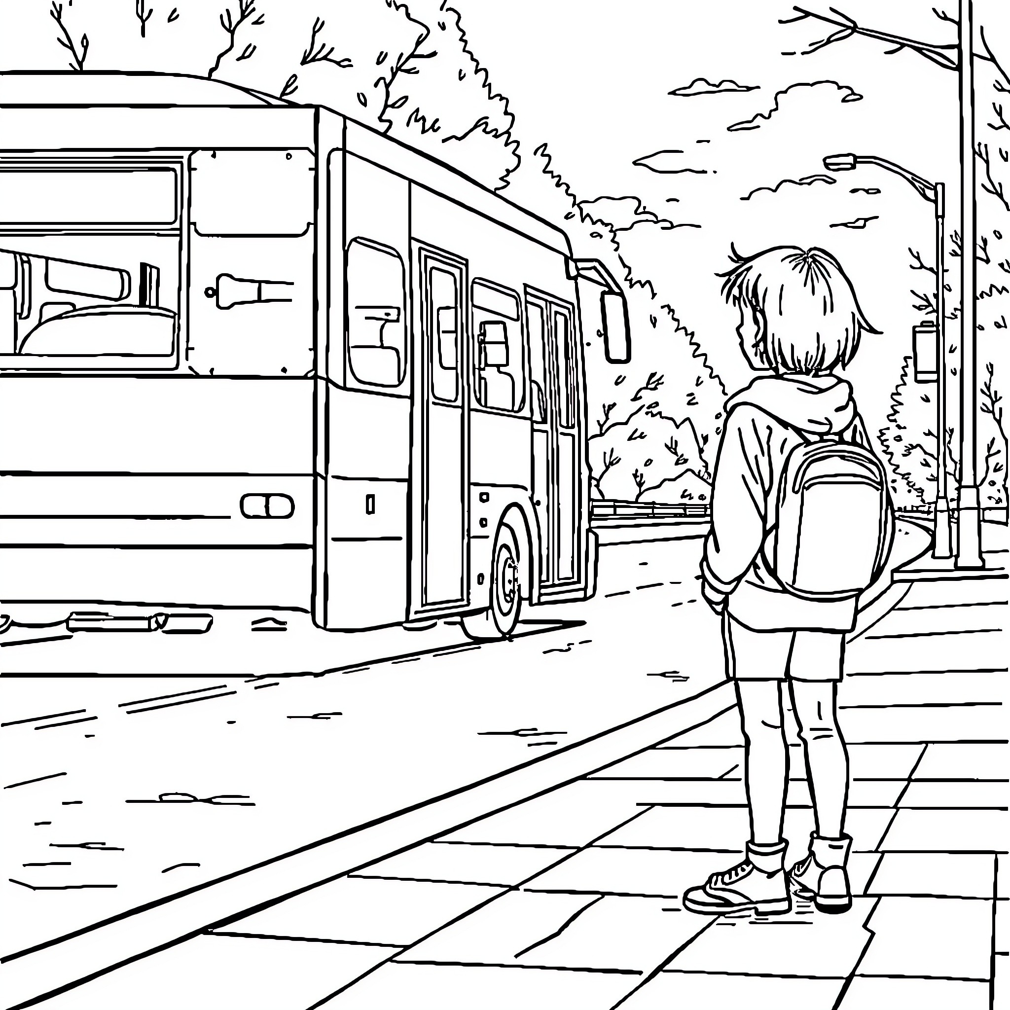 Adolescente esperando ônibus na parada Coloring Page (free black-and-white line drawing printable PDF for all, from beginners to advanced learners, including children, teens, adults, and seniors)