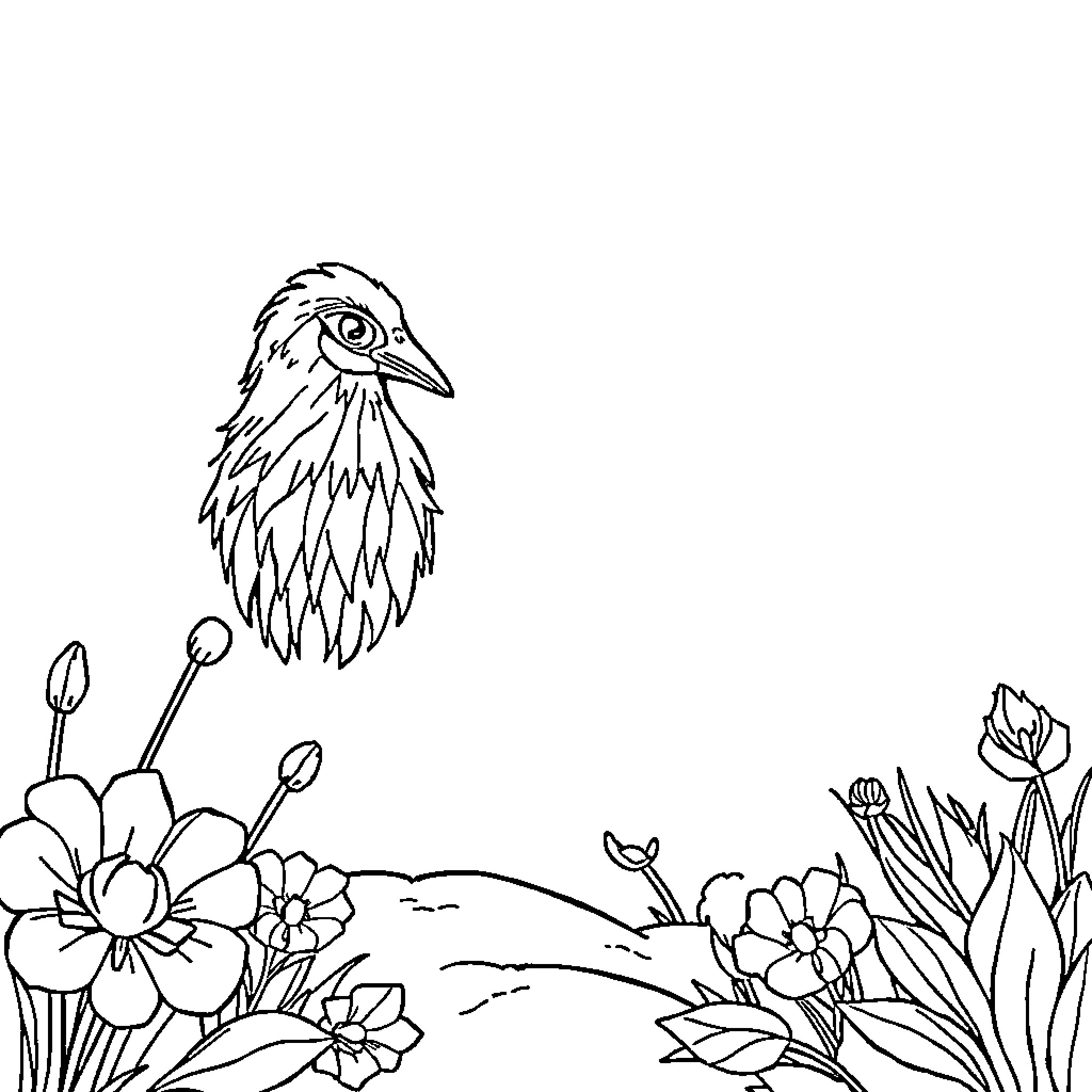 Depression in nature - a bird among flowers Coloring Page (free black-and-white line drawing printable PDF for all, from beginners to advanced learners, including children, teens, adults, and seniors)