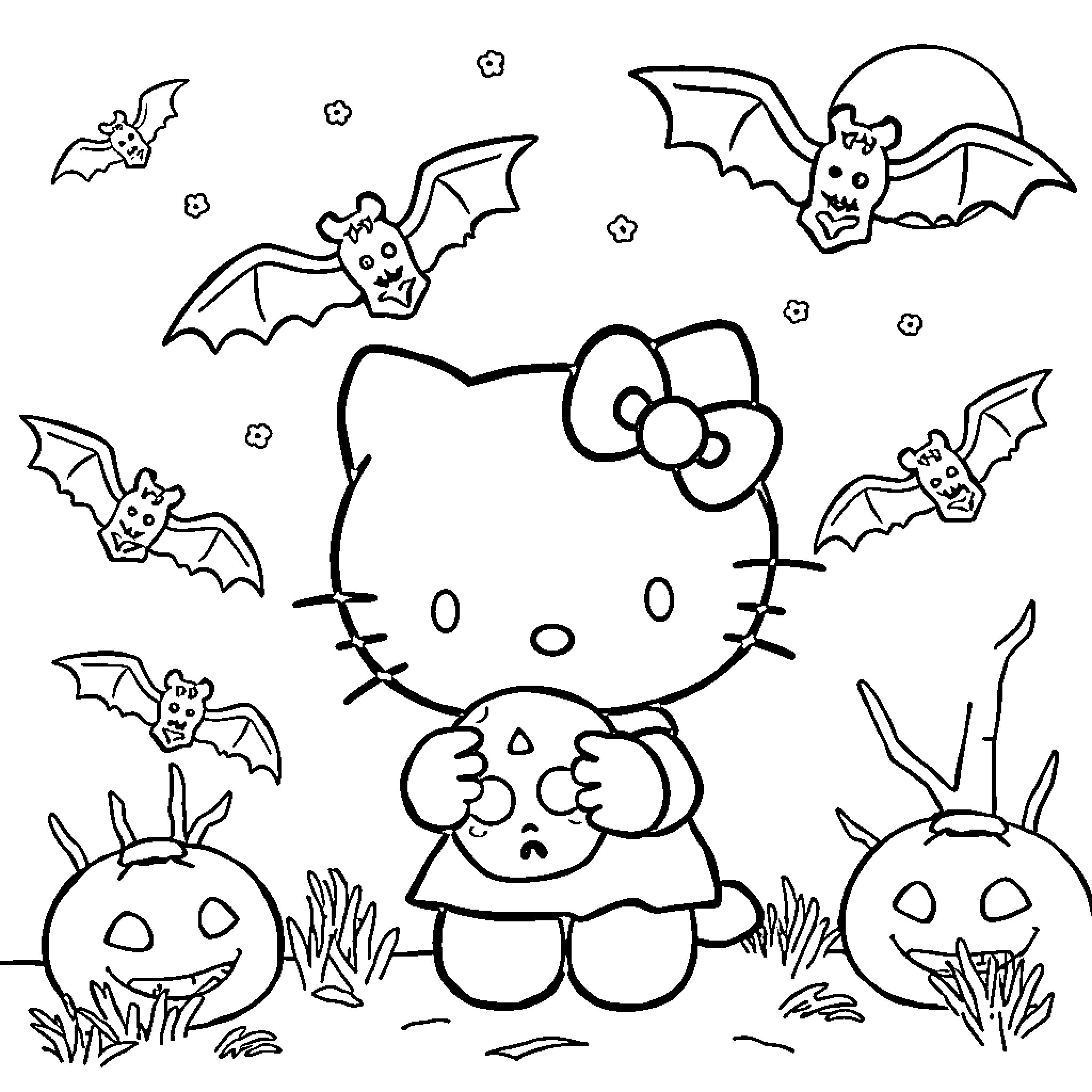 Hello Kitty playing in a spooky Halloween scene Coloring Page (free black-and-white line drawing printable PDF for all, from beginners to advanced learners, including children, teens, adults, and seniors)