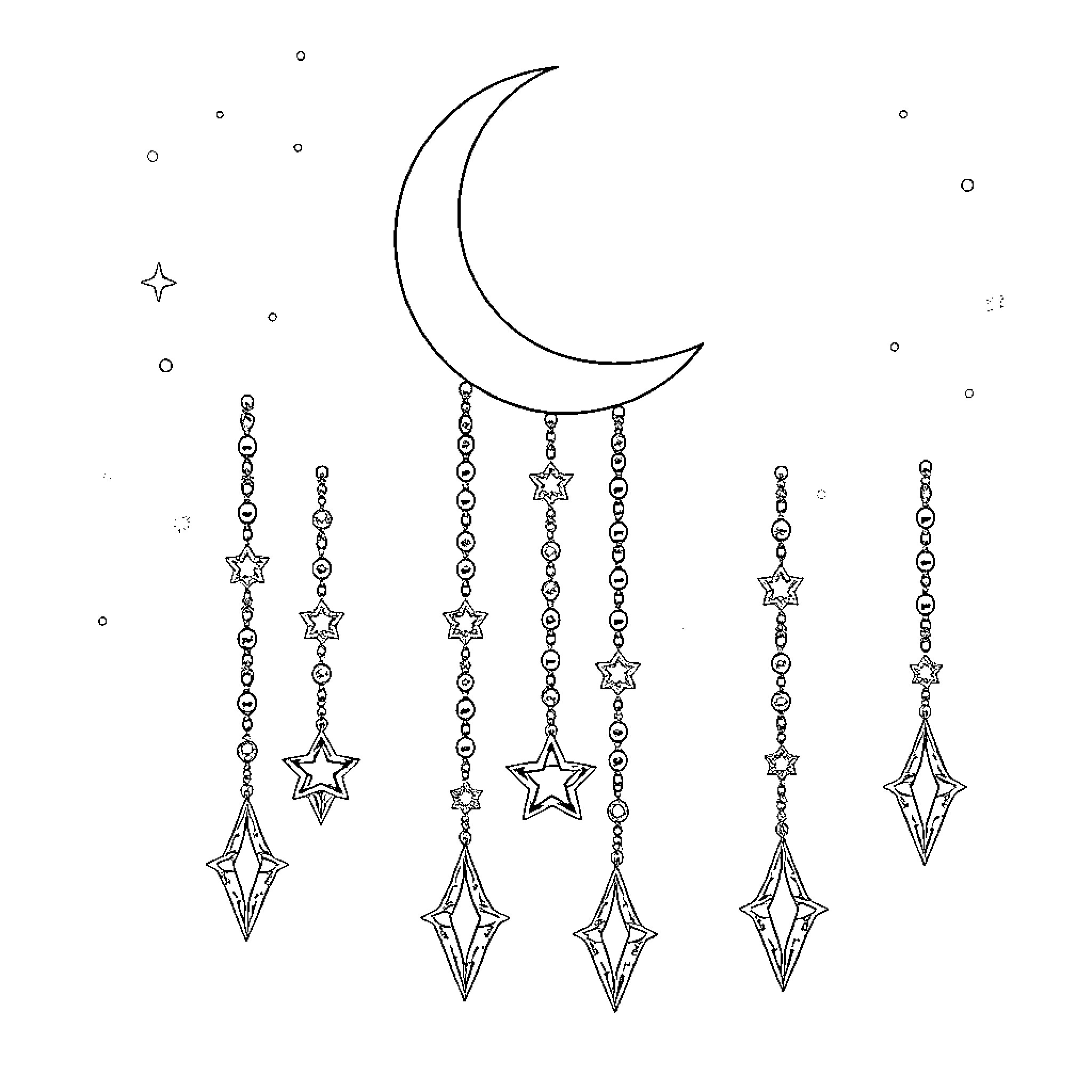 Moon and decorative star-shaped ornaments Coloring Page (free black-and-white line drawing printable PDF for all, from beginners to advanced learners, including children, teens, adults, and seniors)
