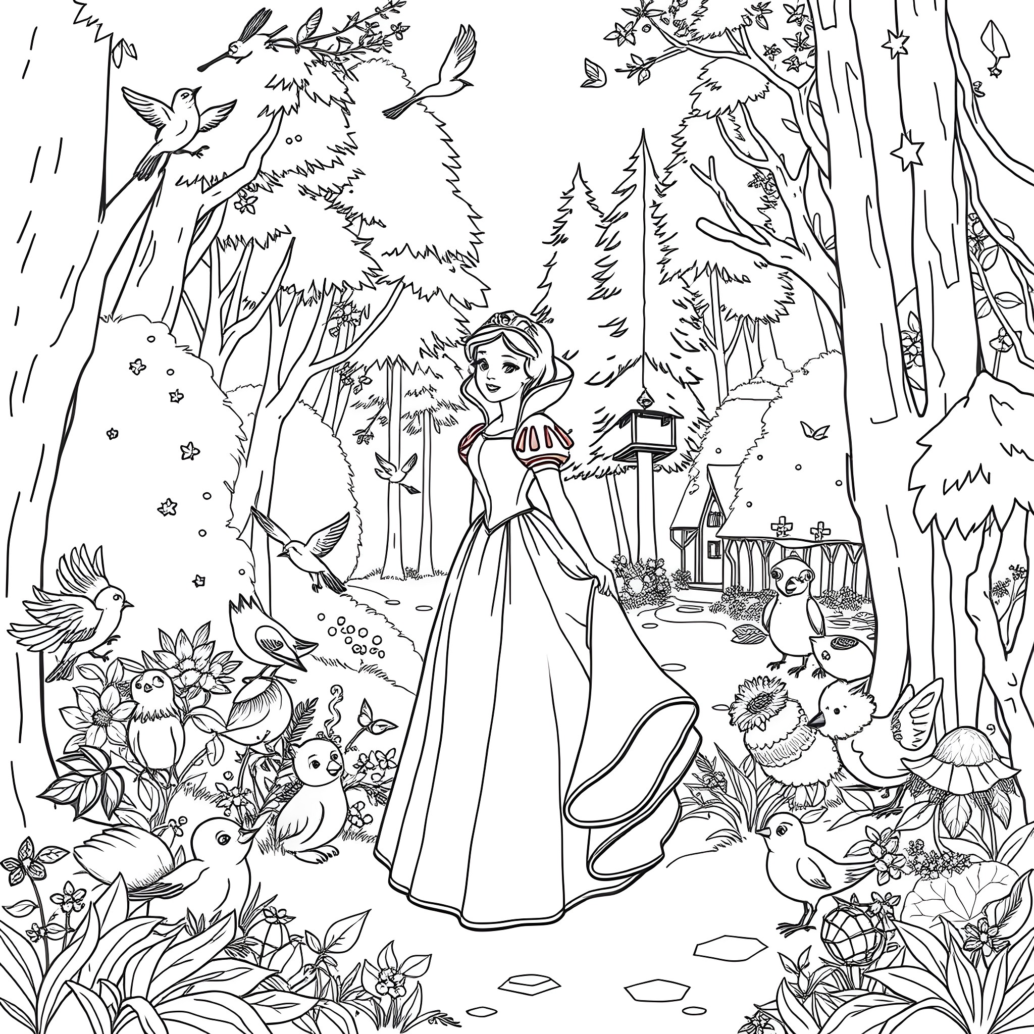Snow White surrounded by forest animals and nature Coloring Page (free black-and-white line drawing printable PDF for all, from beginners to advanced learners, including children, teens, adults, and seniors)