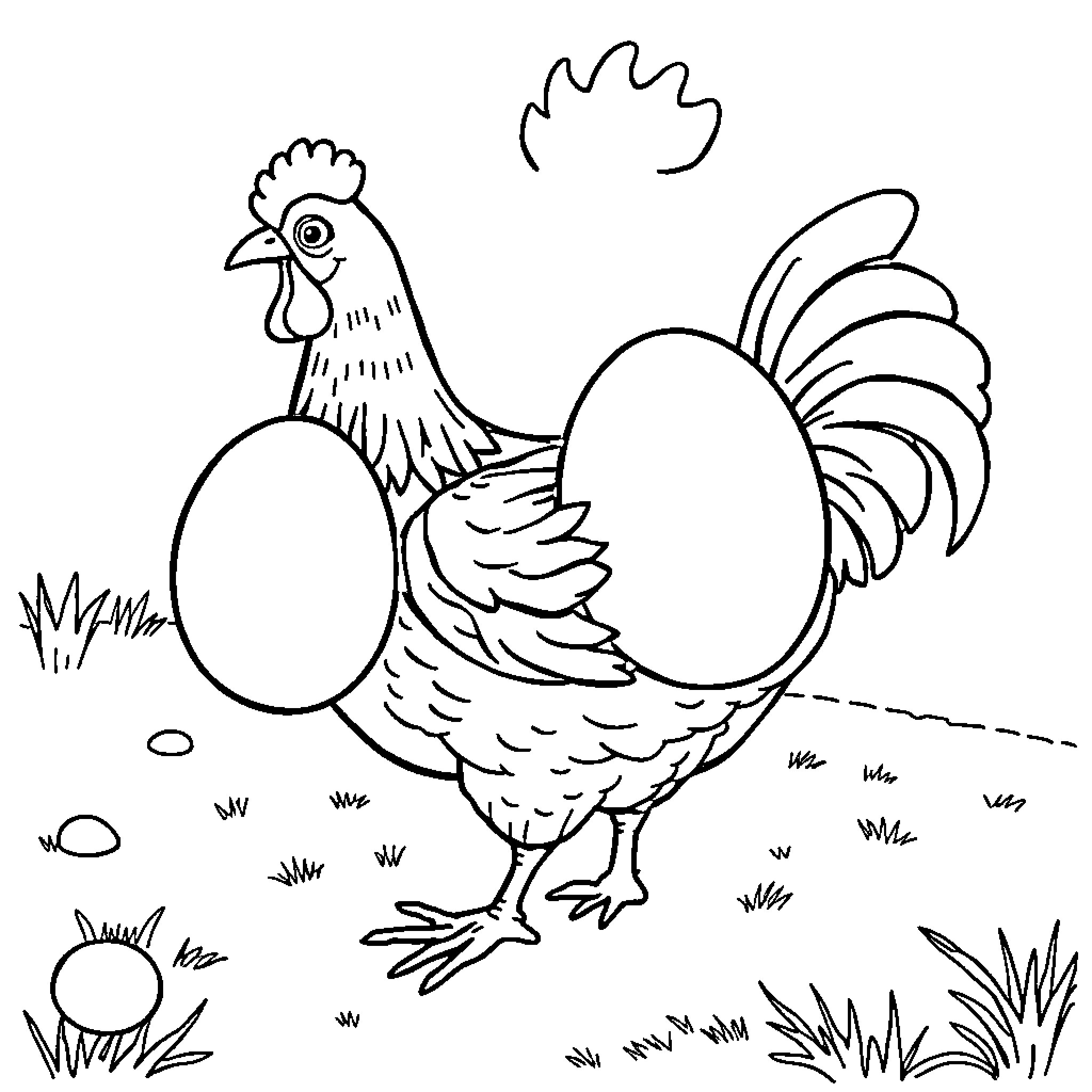 Chicken with eggs in the field Coloring Page (free black-and-white line drawing printable PDF for all, from beginners to advanced learners, including children, teens, adults, and seniors)