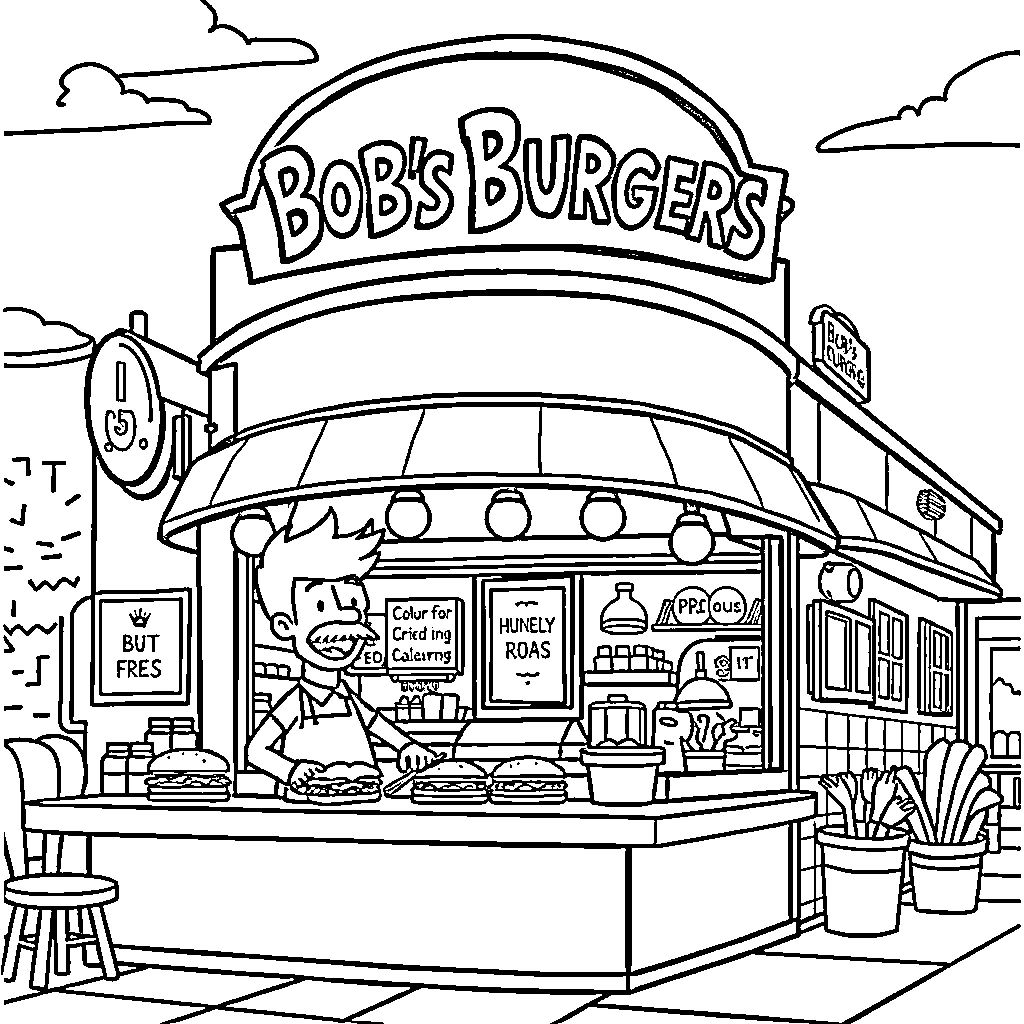Bob's Burgers Diner with Customers and Food Service Coloring Page (free black-and-white line drawing printable PDF for all, from beginners to advanced learners, including children, teens, adults, and seniors)