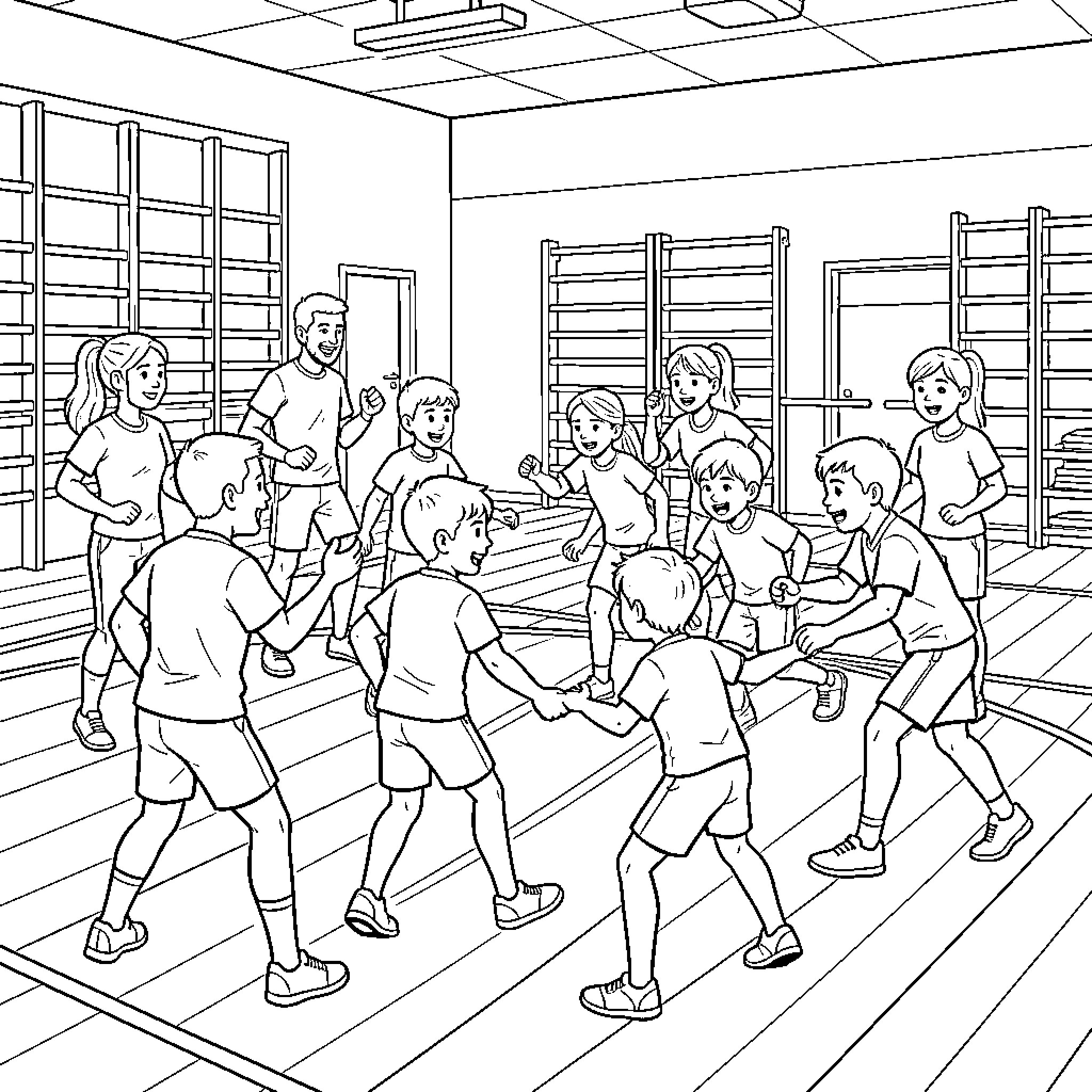 Teacher leading children in energetic gym activities Coloring Page (free black-and-white line drawing printable PDF for all, from beginners to advanced learners, including children, teens, adults, and seniors)