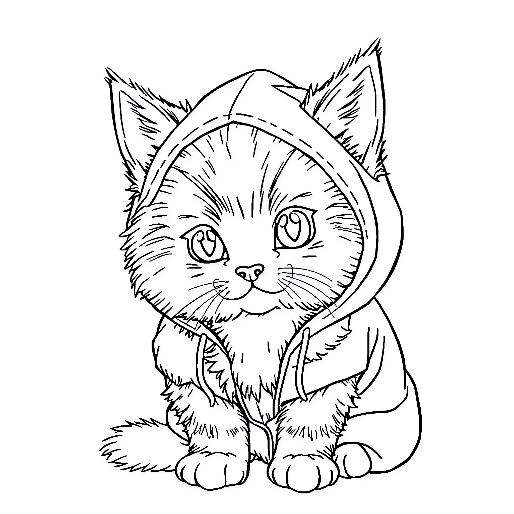 Cat wearing a cute hoodie Coloring Page (free black-and-white line drawing printable PDF for all, from beginners to advanced learners, including children, teens, adults, and seniors)